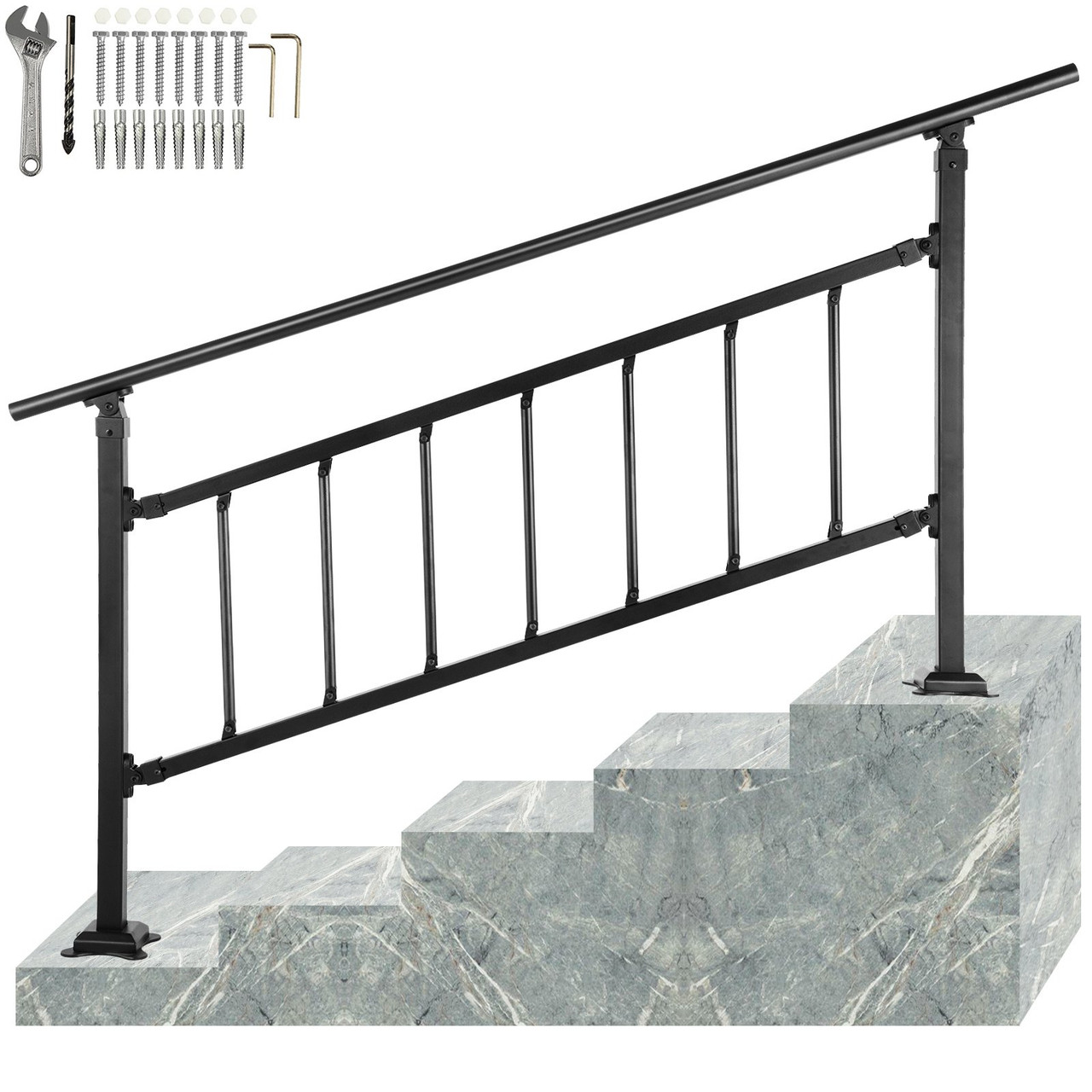 Outdoor Stair Railing, Fits for 1-5 Steps Transitional Wrought Iron Handrail, Adjustable Exterior Stair Railing with Fence, Handrails for Concrete Steps with Installation Kit, Matte Black