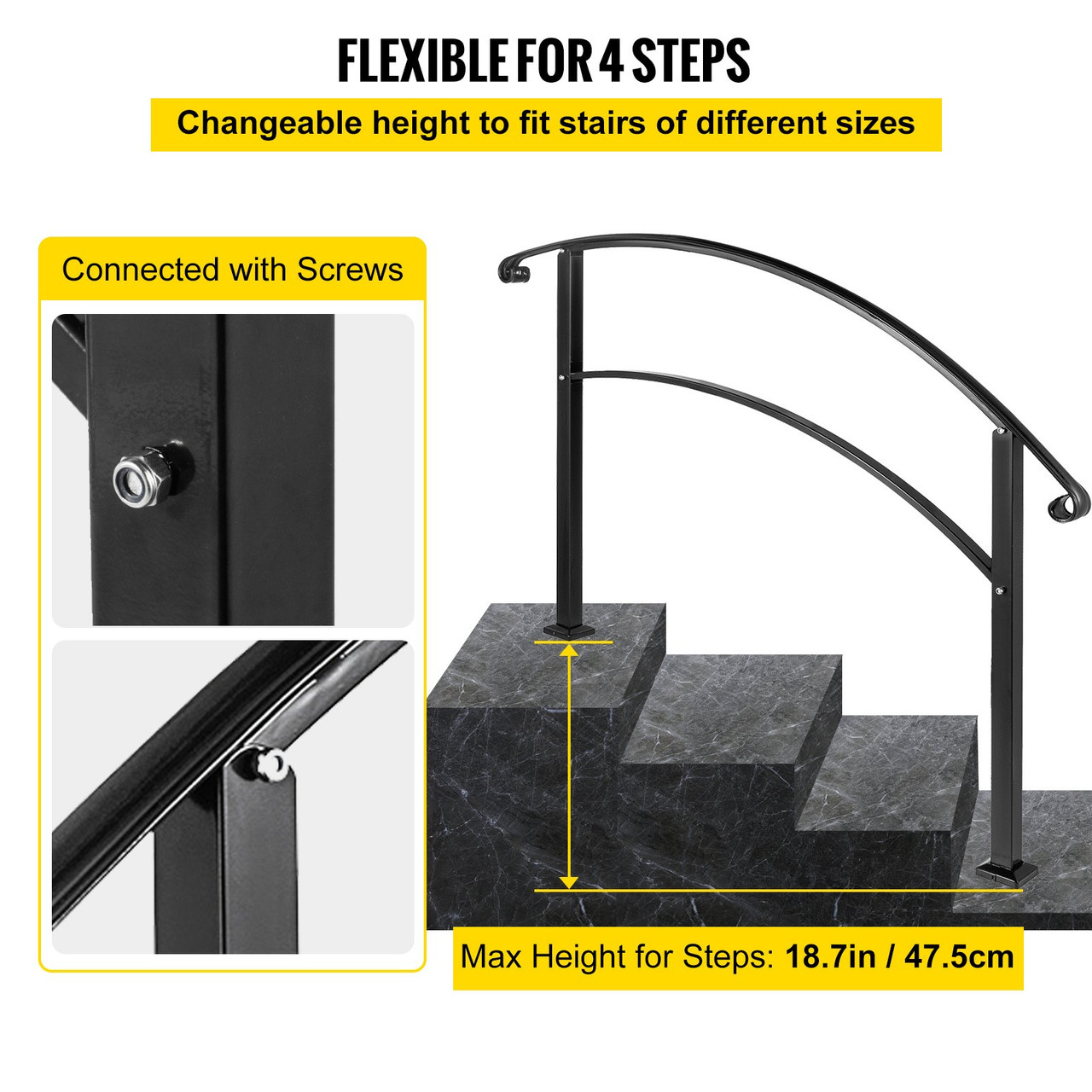 4-Step Handrail Fits 1 or 4 Steps Matte Black Stair Rail Wrought Iron Handrail with Installation Kit Hand Rails for Outdoor Steps