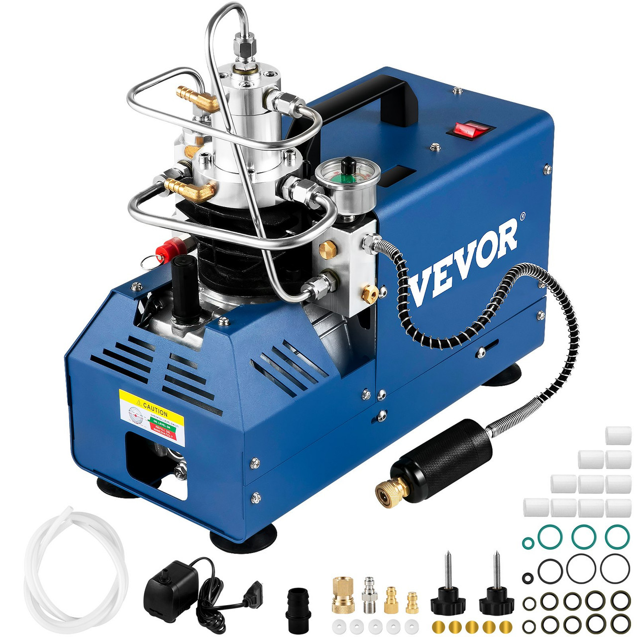 VEVOR PCP Air Compressor, Auto-stop Powered by DC 12V Car or Home AC  110V/220V, 4500Psi/30Mpa/300Bar w/Built-in Water/Oil Adapter & Cooling Fan  for Paintball, Scuba, Air Rifle