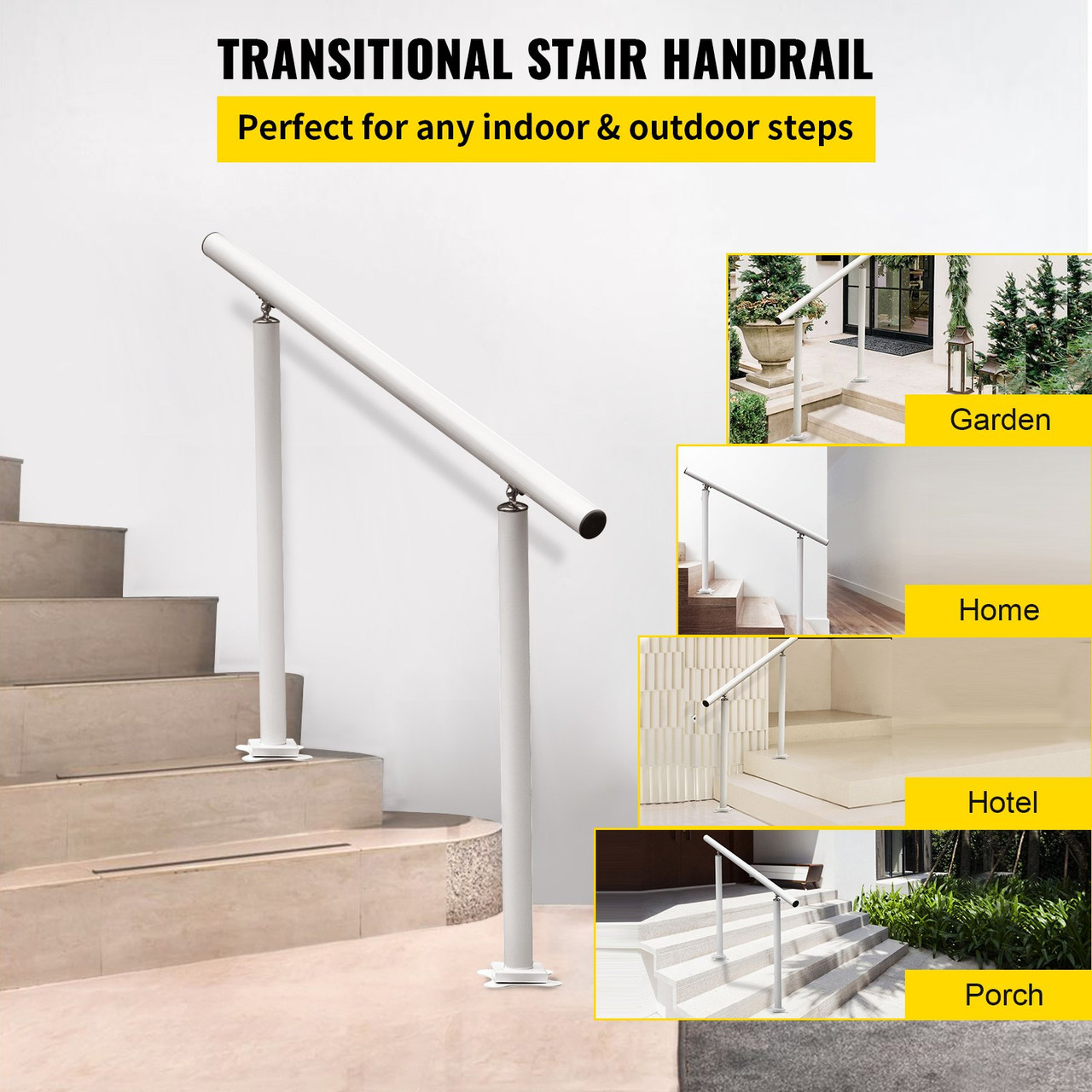 Outdoor Stair Railing Kit, 4 FT Handrails 1-4 Steps, Adjustable Angle White Aluminum Stair Hand Rail for The Elderly, Handrails for Outdoor Steps