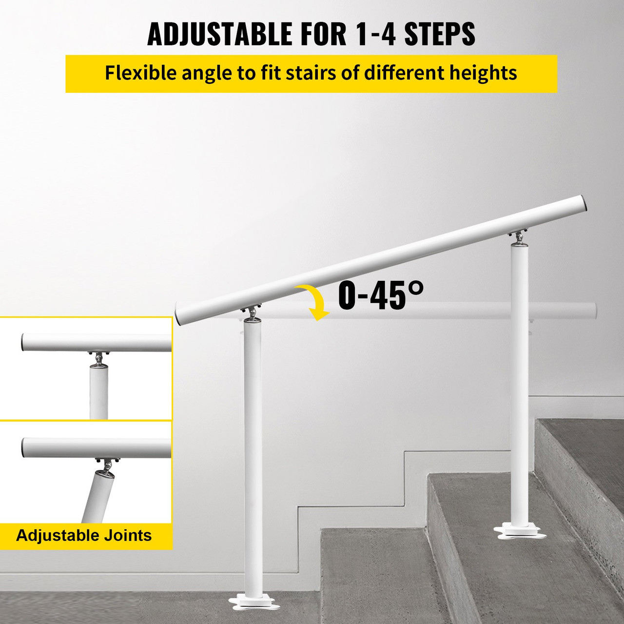 Outdoor Stair Railing Kit, 4 FT Handrails 1-4 Steps, Adjustable Angle White Aluminum Stair Hand Rail for The Elderly, Handrails for Outdoor Steps