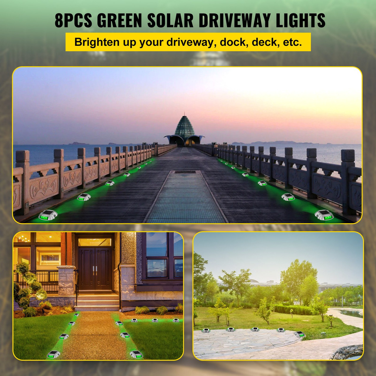 Driveway Lights, 8-Pack Solar Driveway Lights with Switch Button, Solar Deck Lights Waterproof, Wireless Dock Lights 6 LEDs for Path Warning Garden Walkway Sidewalk Steps, LED Bright Green