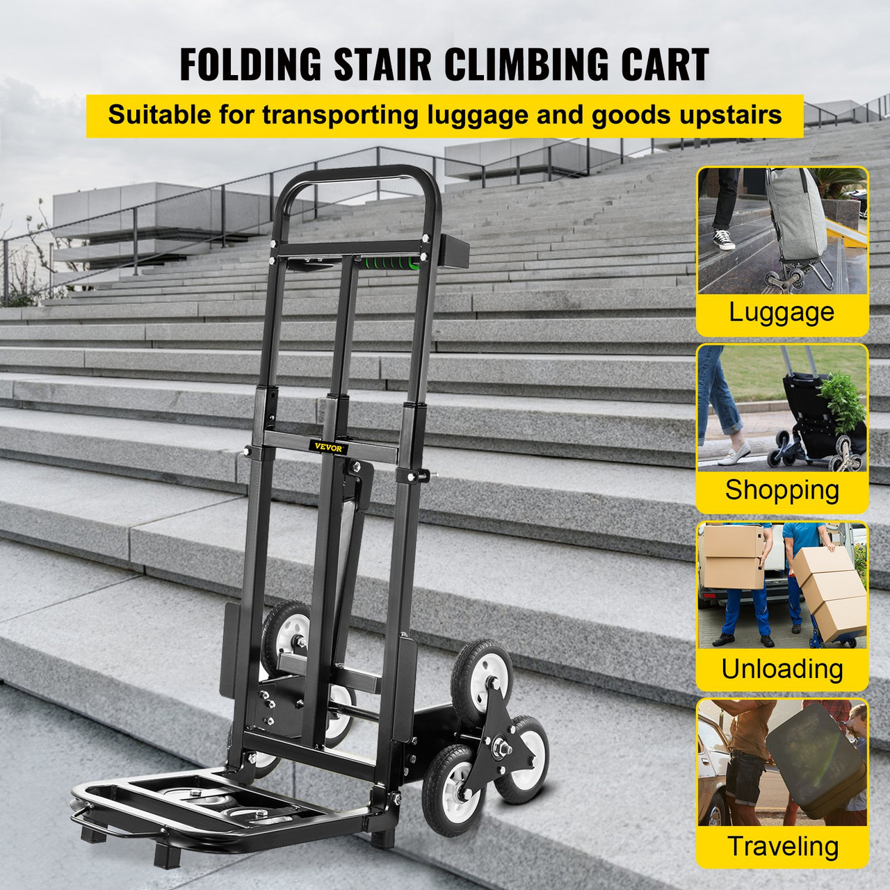 Stair Climbing Cart, Portable Folding Trolley with 8 Wheels, 460 Lb Capacity Stair Climber Hand Truck with Adjustable Handle for Pulling, All Terrain Heavy Duty Dolly Cart for Stairs