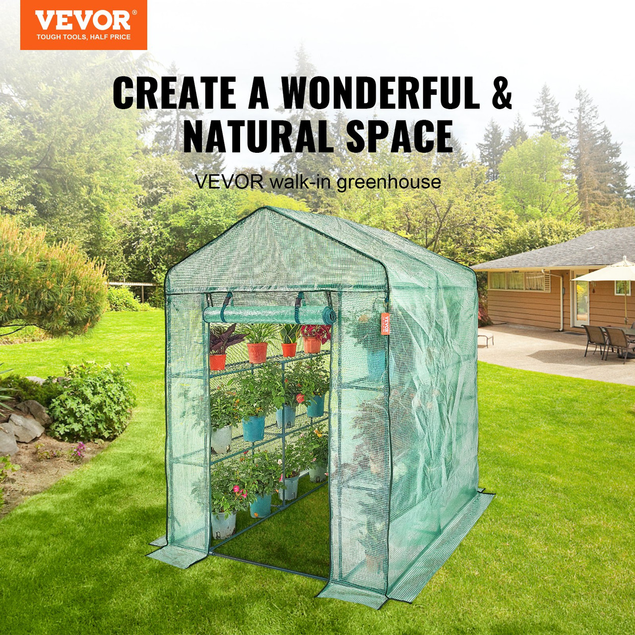 Walk-in Green House, 4.6 x 4.6 x  6.6 ft  Greenhouse with Shelves, Set Up in Minutes, High Strength PE Cover with Doors & Windows and Steel Frame, Suitable for Planting and Storage, Green