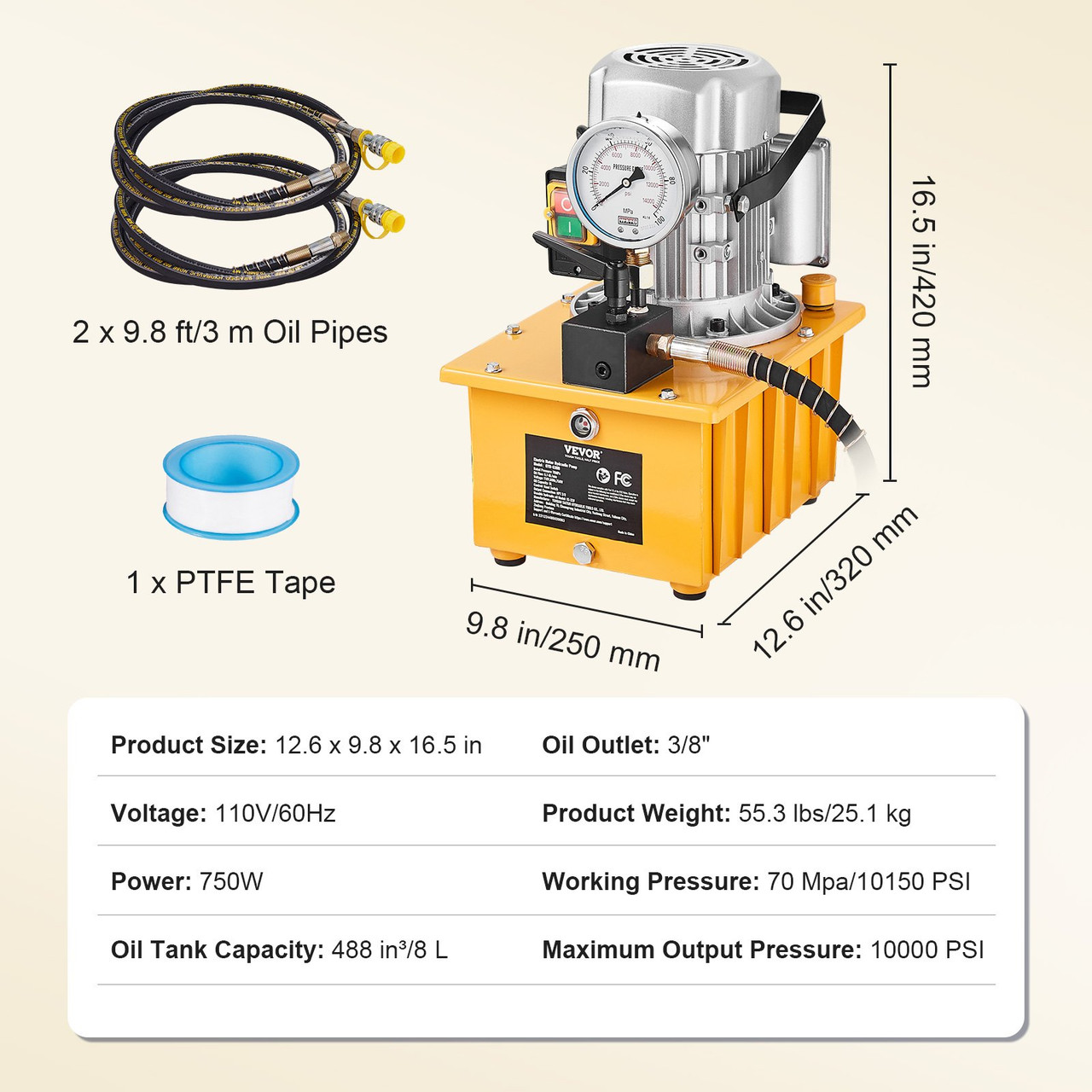Electric Hydraulic Pump, 10000 PSI 750W 110V, 488 in³/8L Capacity, Single Acting Manual Valve, Electric Driven Hydraulic Pump Power Pack Unit with Lever Switch for Punching/Bending/Jack Machines