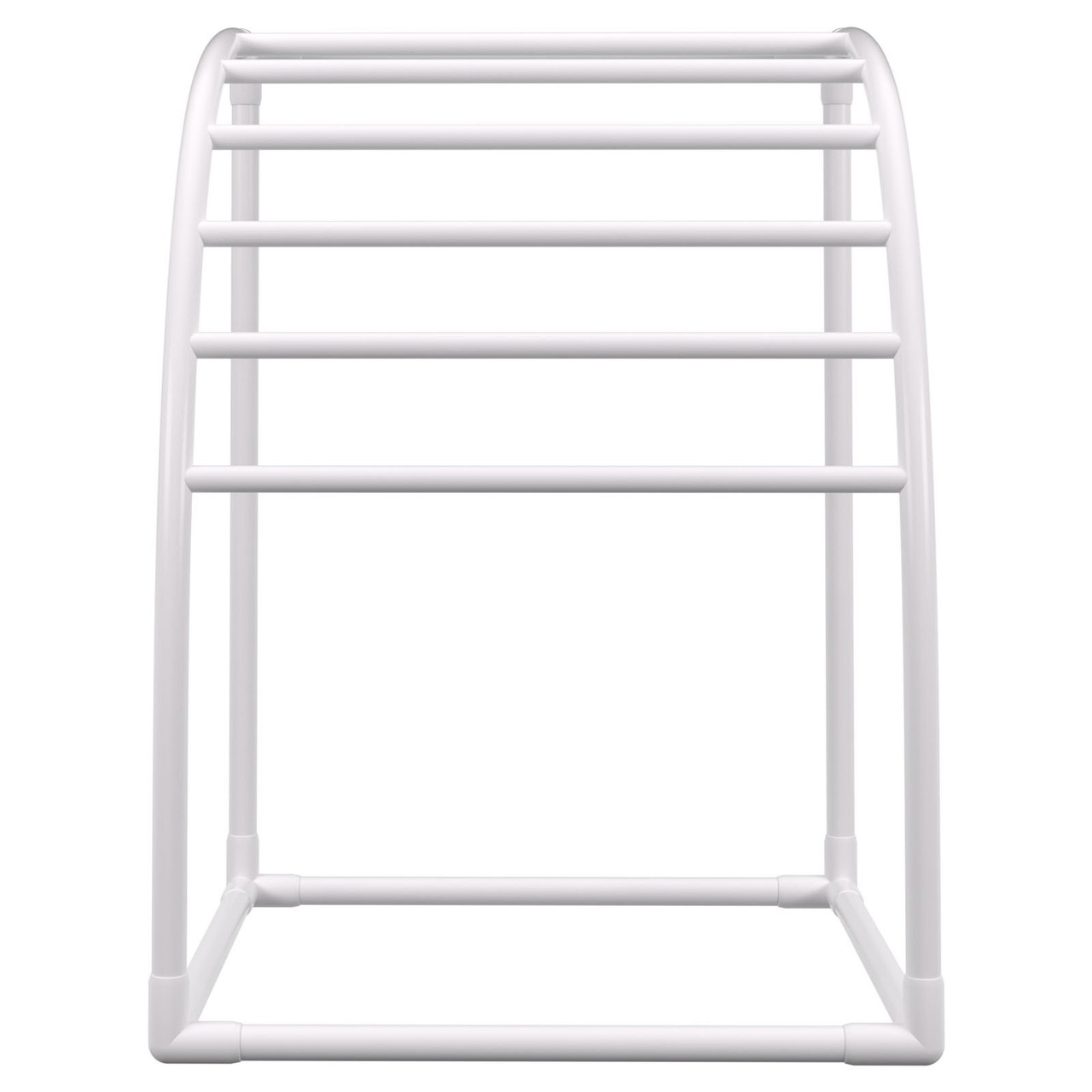 Pool Towel Rack, 7 Bar, White, Freestanding Outdoor PVC Curved Poolside Storage Organizer, Include 8 Towel Clips, Mesh Bag, Hook, Also Stores Floats and Paddles, for Beach, Swimming Pool, Home