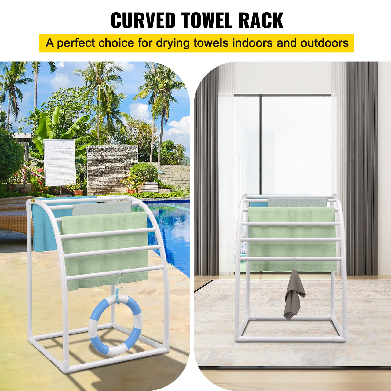 Pool Towel Rack, 7 Bar, White, Freestanding Outdoor PVC Curved Poolside Storage Organizer, Include 8 Towel Clips, Mesh Bag, Hook, Also Stores Floats and Paddles, for Beach, Swimming Pool, Home