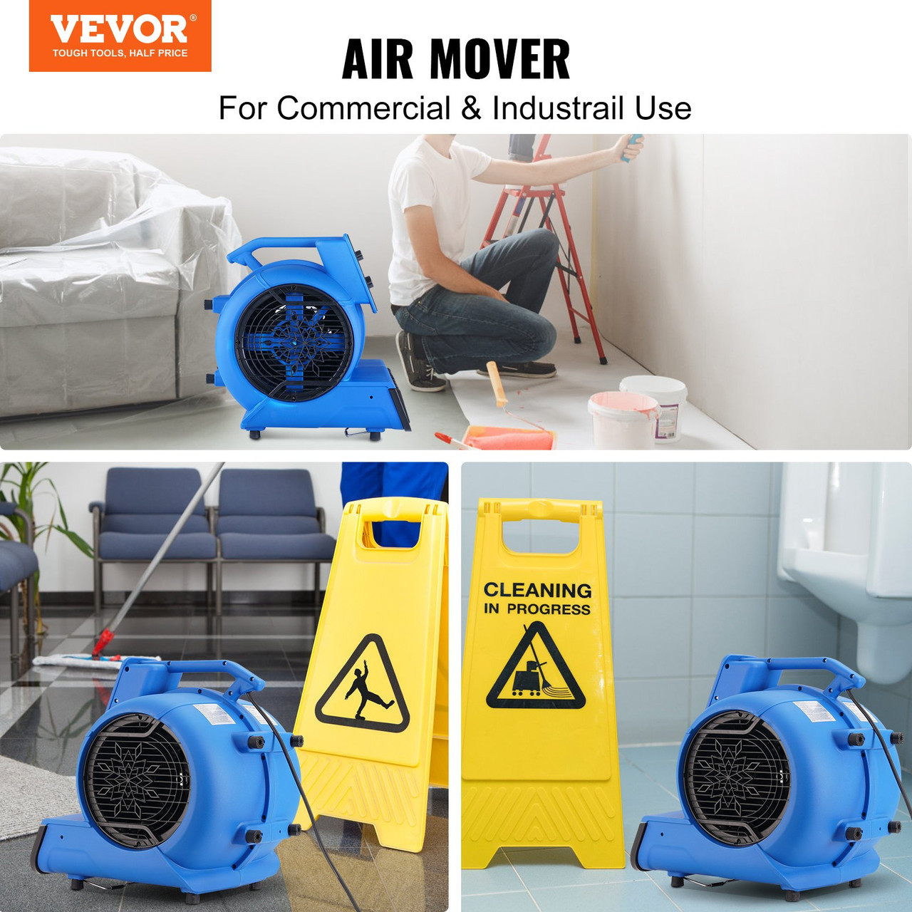 Floor Blower, 1/2 HP, 2600 CFM Air Mover for Drying and Cooling, Portable Carpet Dryer Fan with 4 Blowing Angles and Time Function, for Janitorial, Home, Commercial, Industrail Use, ETL Listed