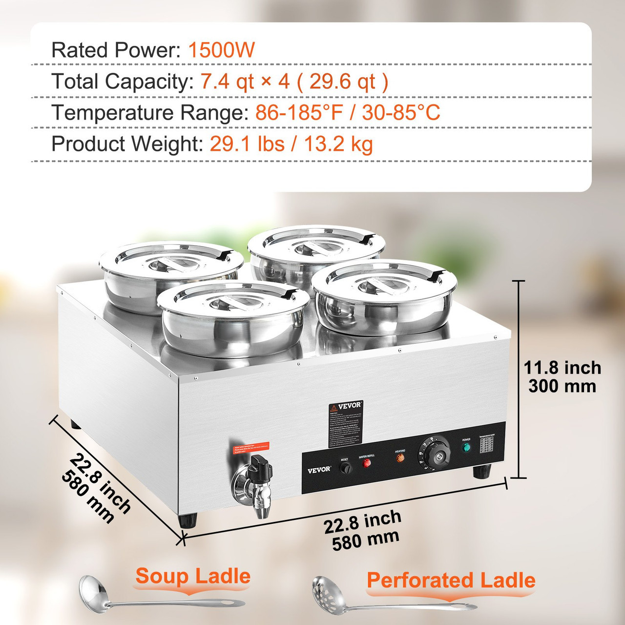 Electric Soup Warmer, Four 7.4QT Stainless Steel Round Pot 86~185°F Adjustable Temp, 1500W Commercial Bain Marie with Anti-dry Burn and Reset Button, Soup Station for Restaurant, Buffet, Silver