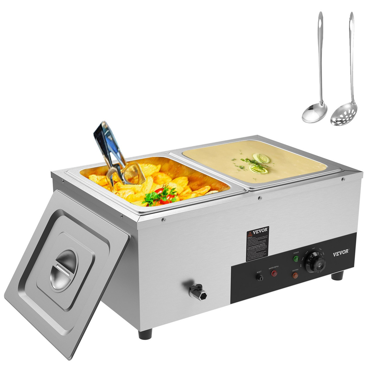 2-Pan Commercial Food Warmer, 2 x 12QT Electric Steam Table, 1500W Professional Countertop Stainless Steel Buffet Bain Marie with 86-185°F Temp Control for Catering and Restaurants, Silver