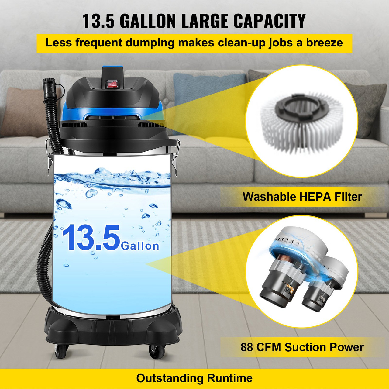 Wet/Dry Vacuum, 13.5 Gallon Capacity, HEPA Filtration Automatic Dust Shaking, 1200 W Powerful Motor Dust Collector, Heavy-Duty Shop Vacuum with Attachments, ETL Listed