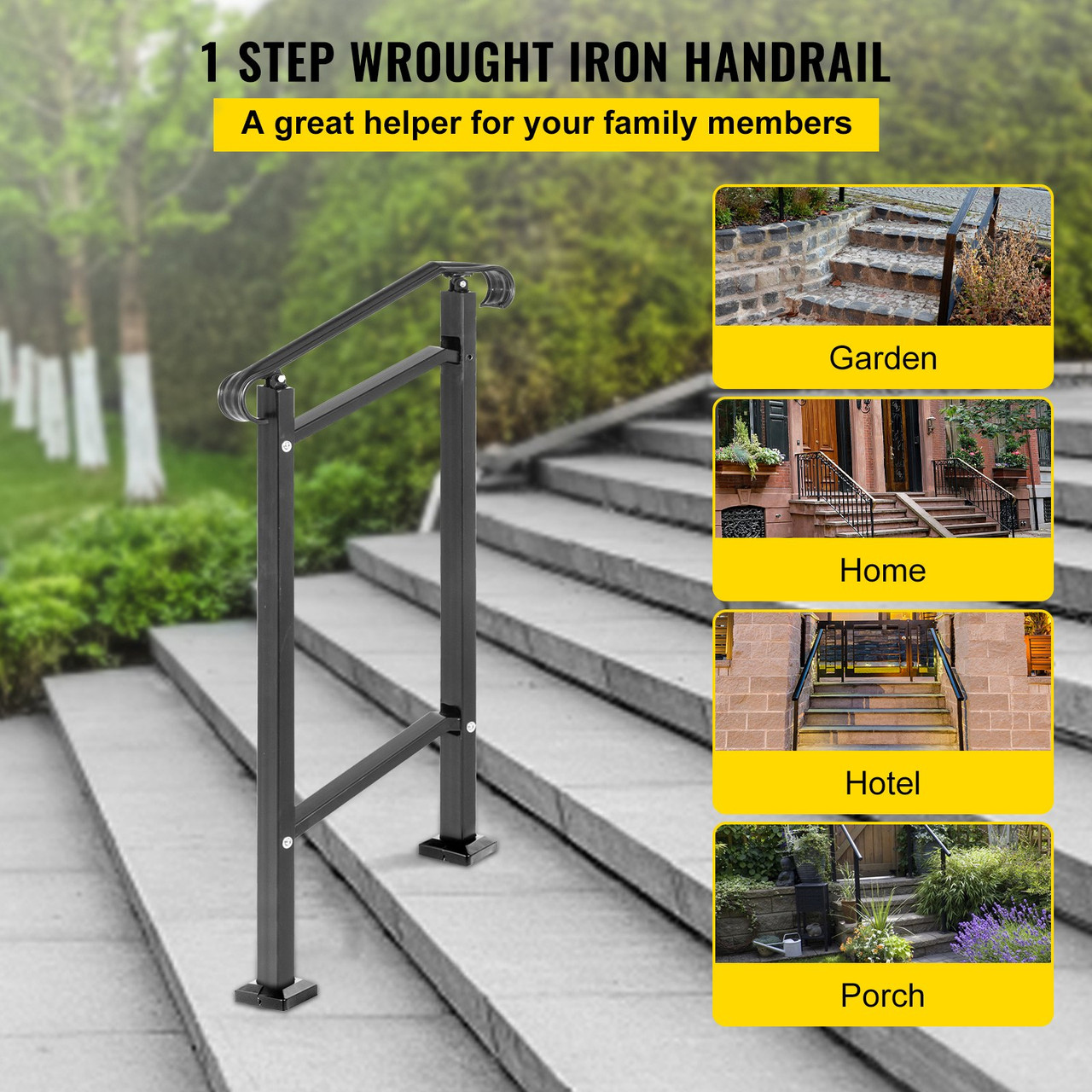 Outdoor Stair Railing, Fit 1 or 2 Steps Wrought Iron Handrail, Adjustable Front Porch Hand Railings, Black Transitional Hand Rail for Concrete Steps or Wooden Stairs with Installation Kit
