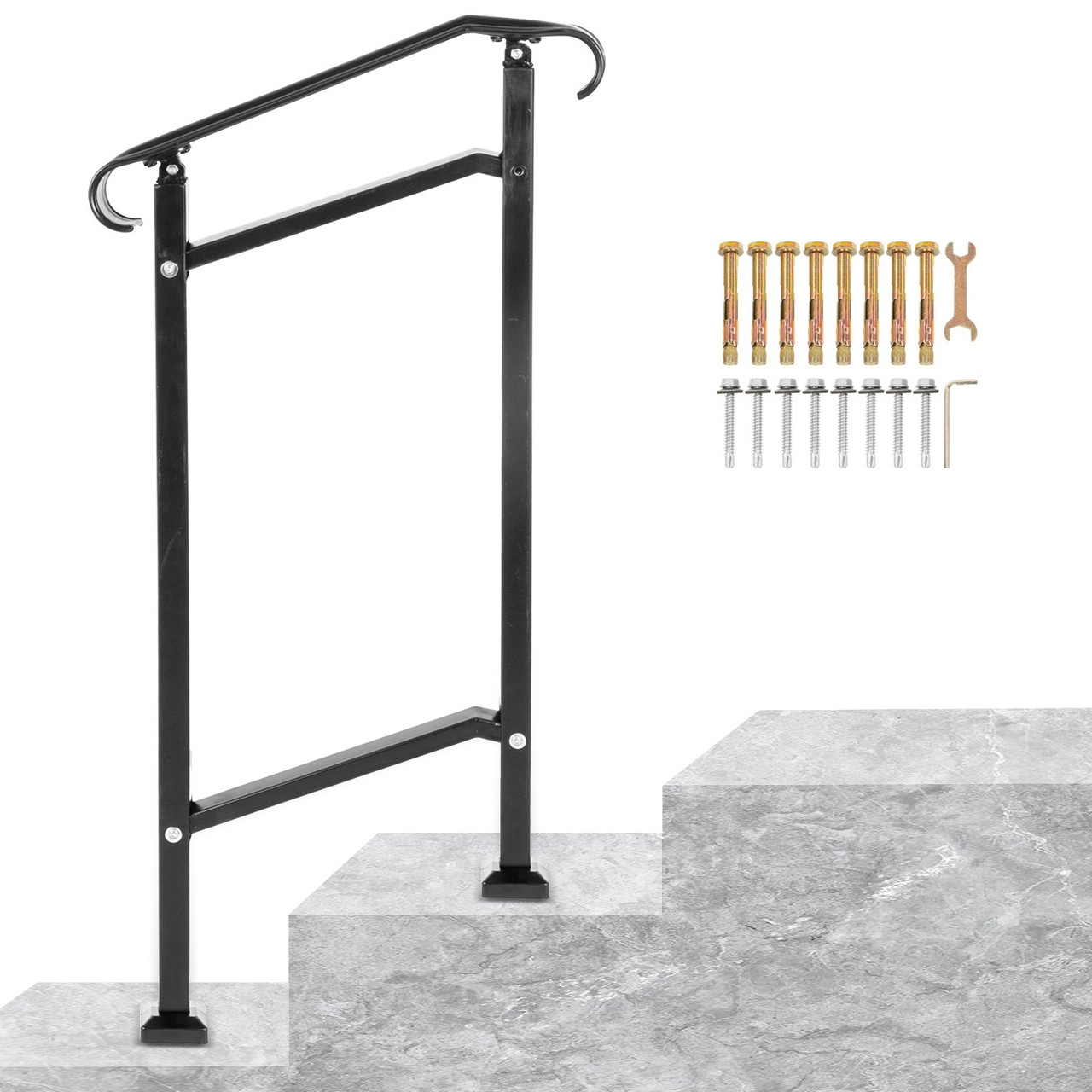 Outdoor Stair Railing, Fit 1 or 2 Steps Wrought Iron Handrail, Adjustable Front Porch Hand Railings, Black Transitional Hand Rail for Concrete Steps or Wooden Stairs with Installation Kit