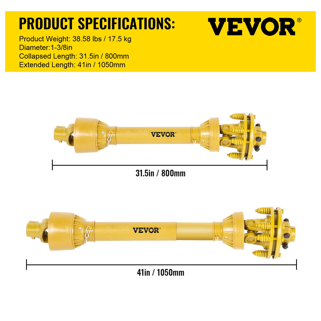 PTO Shaft, 1-3/8" PTO Drive Shaft, 6 Spline Both Ends PTO Driveline Shaft, Series 4 Tractor PTO Shaft, 31.5"-41" Brush Hog PTO Shaft, Yellow PTO