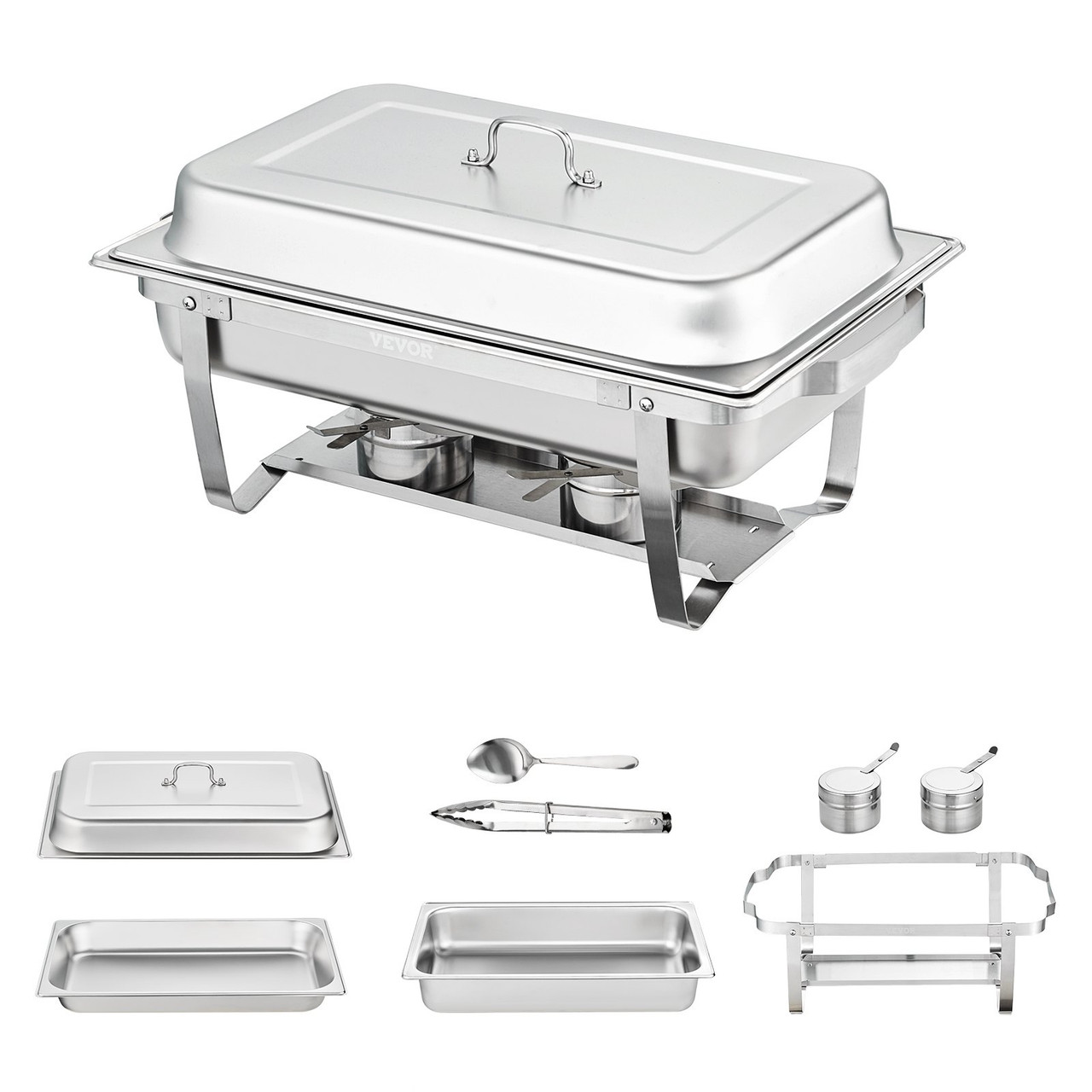 Chafing Dish Buffet Set, 8 Qt 6 Pack, Stainless Chafer with 6 Full Size Pans, Rectangle Catering Warmer Server with Lid Water Pan Folding Stand Fuel Holder Tray Spoon Clip, at Least 8 People Eac