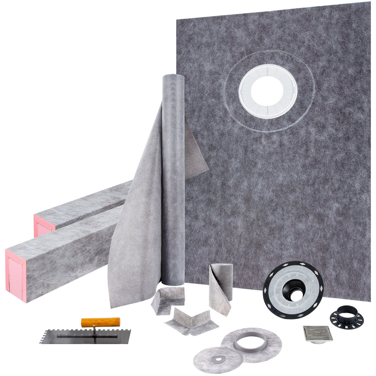 Shower Curb Kit 38" x 60" Watertight Shower Curb Overlay with 4" PVC Offset Bonding Flange, 4" Stainless Steel Grate, 2 Cuttable Shower Curb and Trowel, Shower Pan Slope Sticks Fit for Bathroom