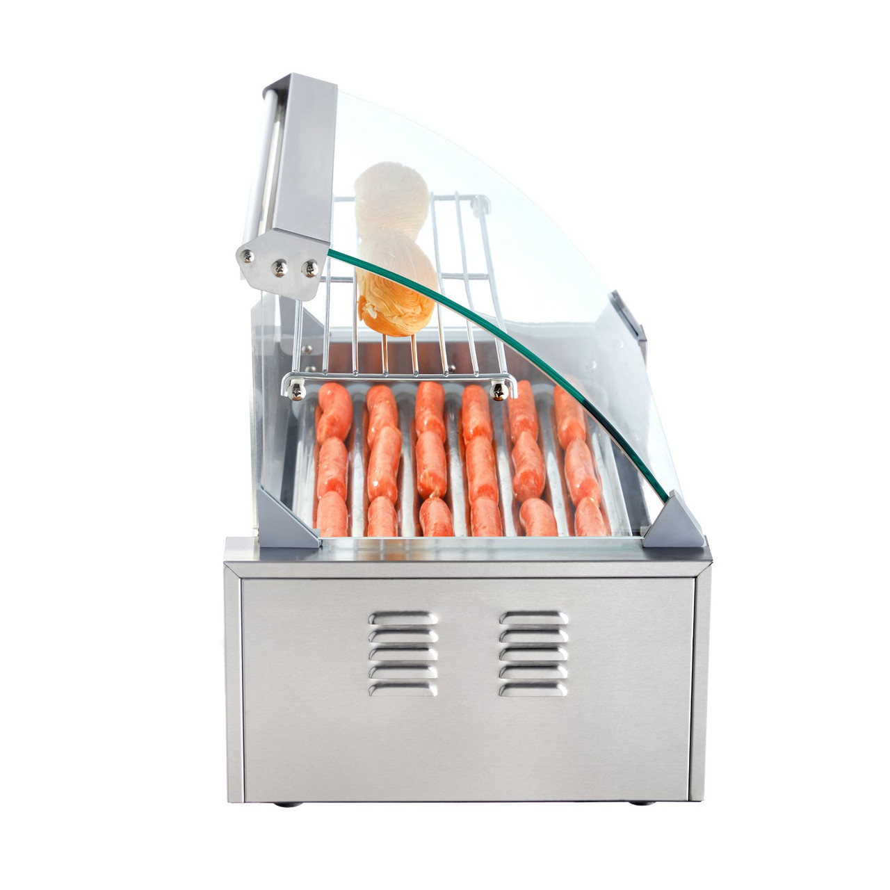 Hot Dog Roller 7 Rollers 18 Hot Dogs Capacity 1050W Stainless Sausage Grill Cooker Machine with Dual Temp Control Glass Hood Acrylic Cover Bun Warmer Shelf Removable Oil Drip Tray, ETL Certified