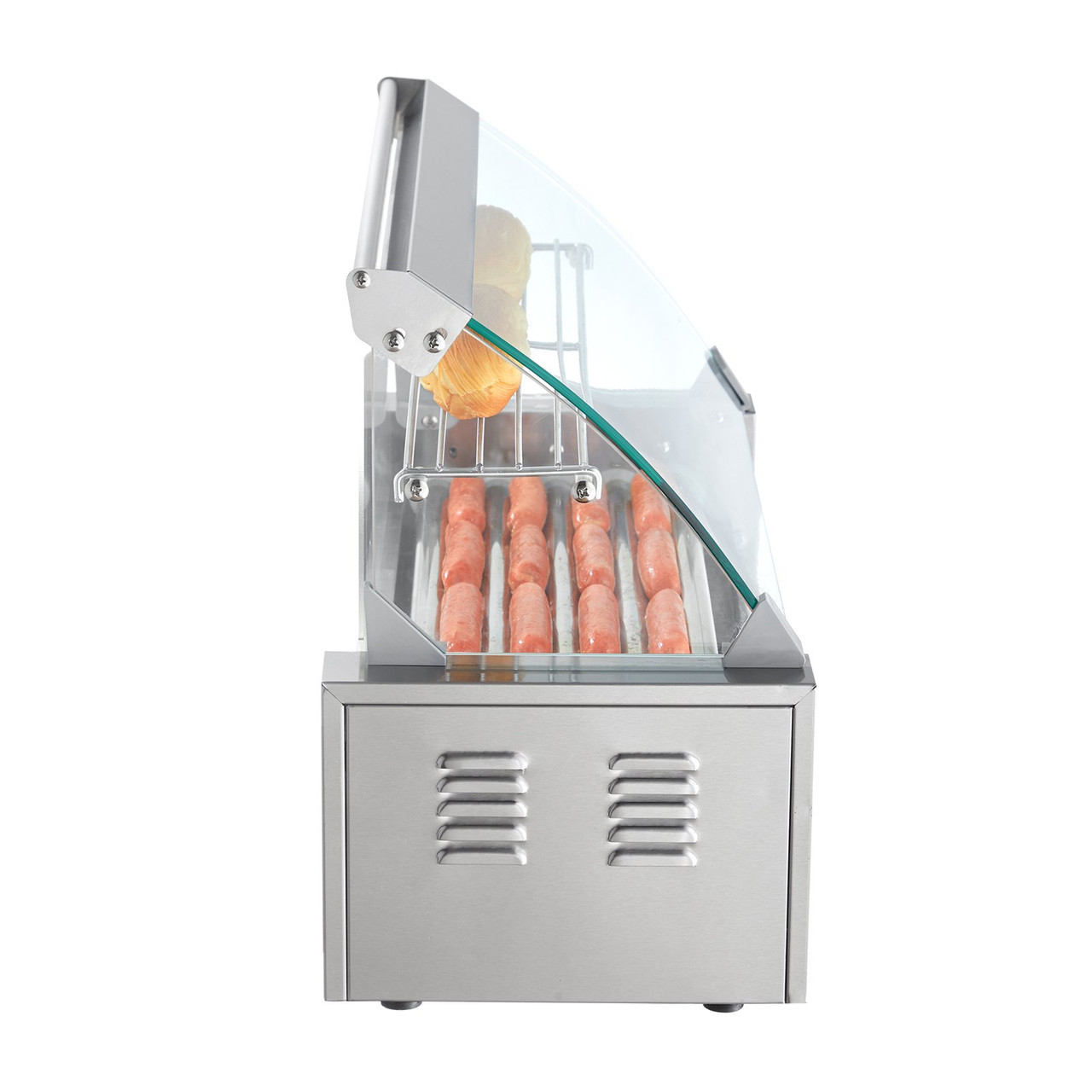 Hot Dog Roller 5 Rollers 12 Hot Dogs Capacity, 750W Stainless Sausage Grill Cooker Machine with Dual Temp Control Glass Hood Acrylic Cover Bun Warmer Shelf Removable Oil Drip Tray ETL Certified