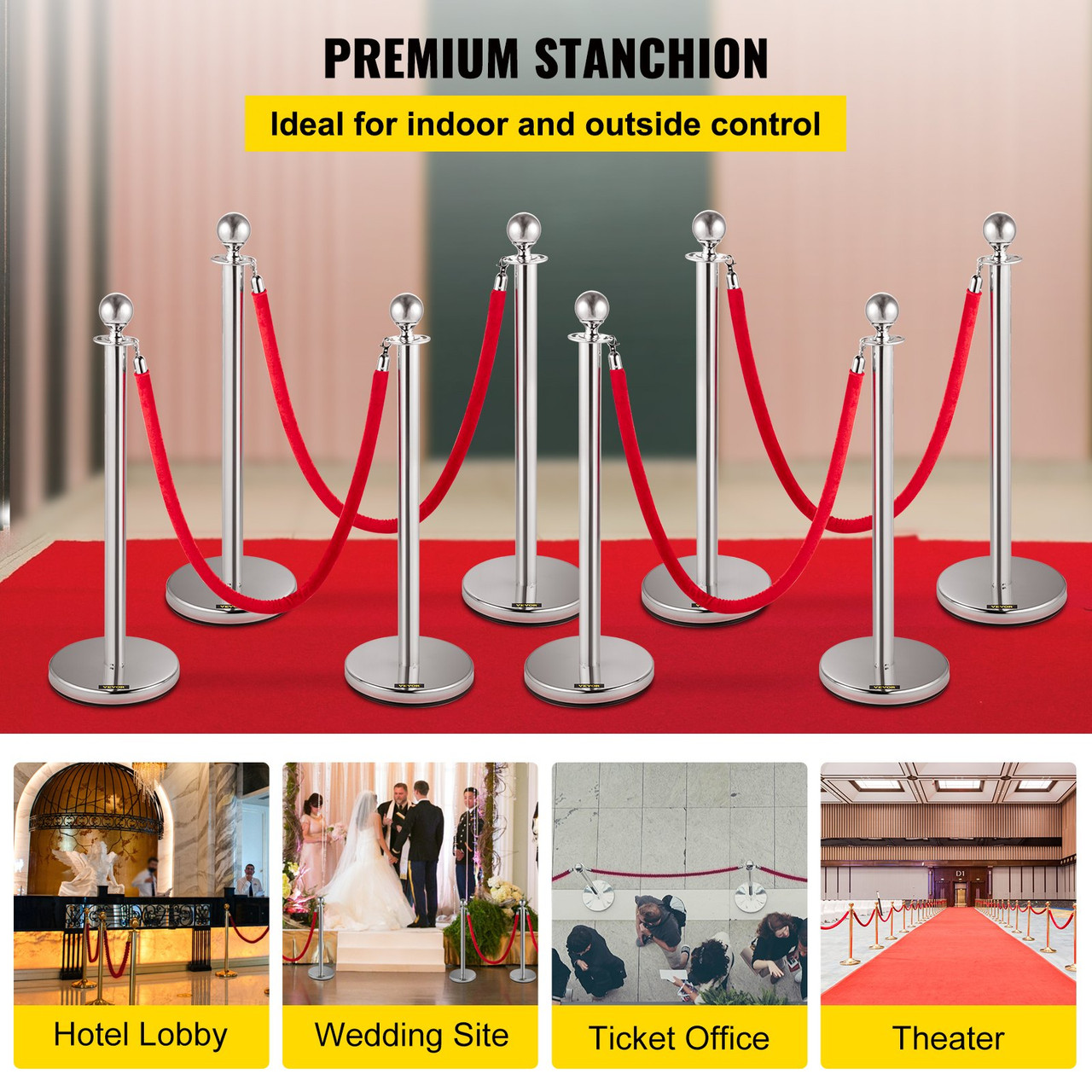 Crowd Control Stanchion, Set of 8 Pieces Stanchion Set, Stanchion Set with 5 ft/1.5 m Red Velvet Rope, Silver Crowd Control Barrier w/ Sturdy