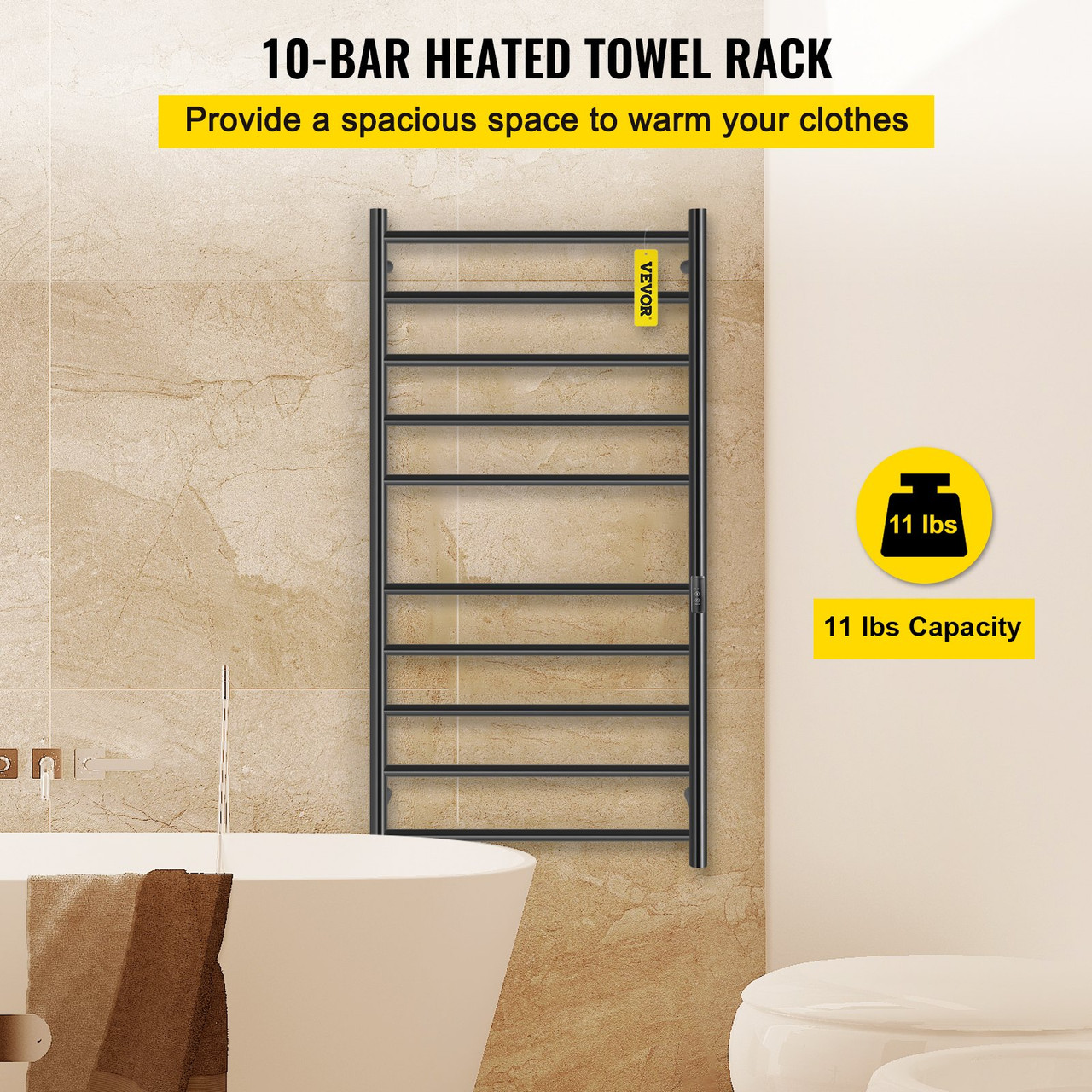 Heated Towel Rack, 10-Bar Towel Warmer Rack, Wall Mounted Electric Towel Warmer, Electric Towel Drying Rack w/Timer, Matte Black Stainless Steel