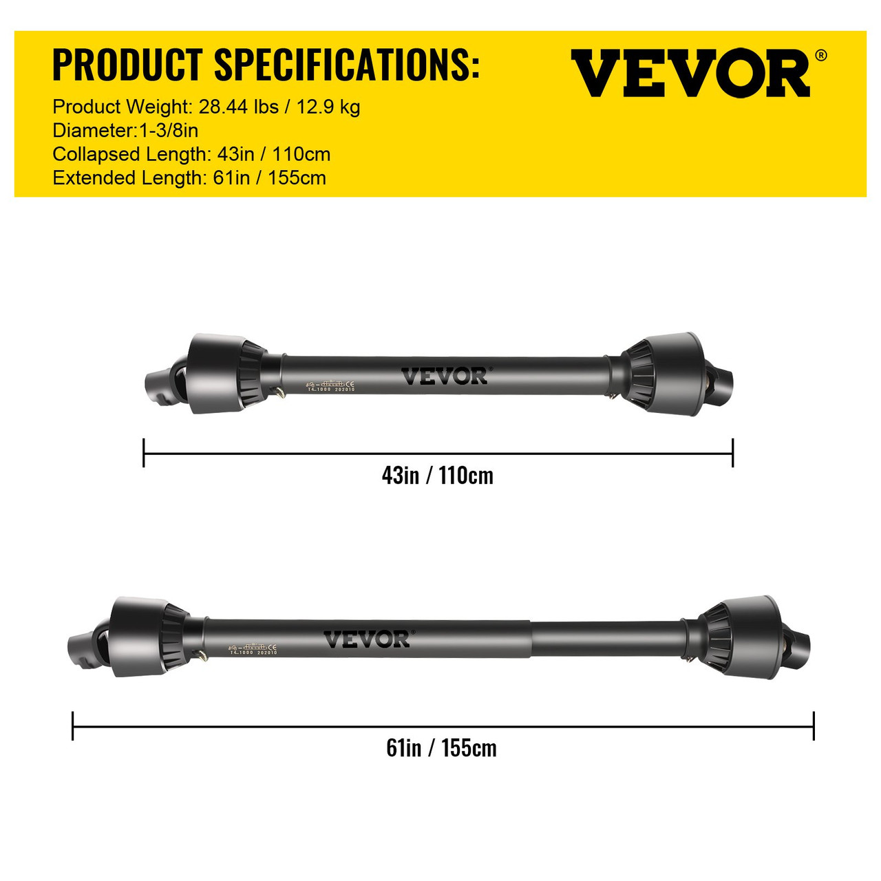 PTO Shaft, 1-3/8" PTO Drive Shaft, 6 Spline Tractor, Round Implement Ends PTO Driveline Shaft, Series 4 Tractor PTO Shaft, 43"-61" Brush Hog PTO Shaft Black, for Finish Mower, Rotary Cutter
