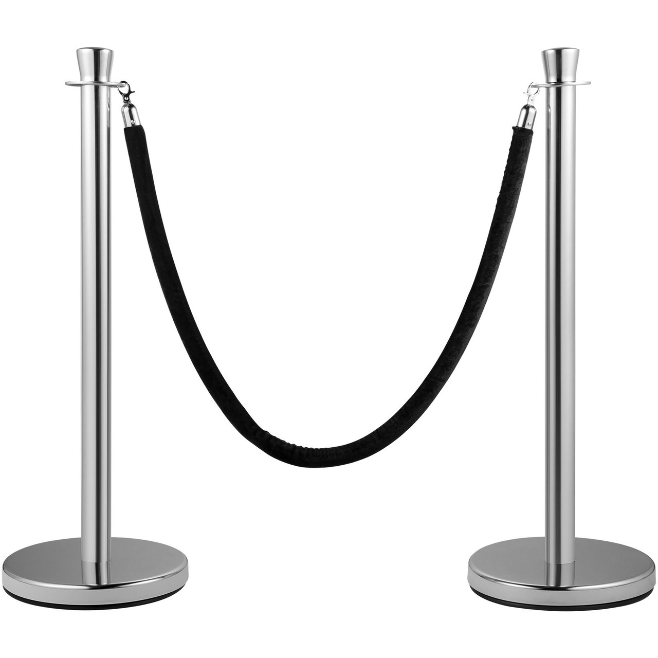 Crowd Control Stanchion, Set of 2 Pieces Stanchion Set, Stanchion Set with 5 ft/1.5 m Black Velvet Rope, Silver Crowd Control Barrier w/Sturdy Concrete and Metal Base - Easy Connect Assembly