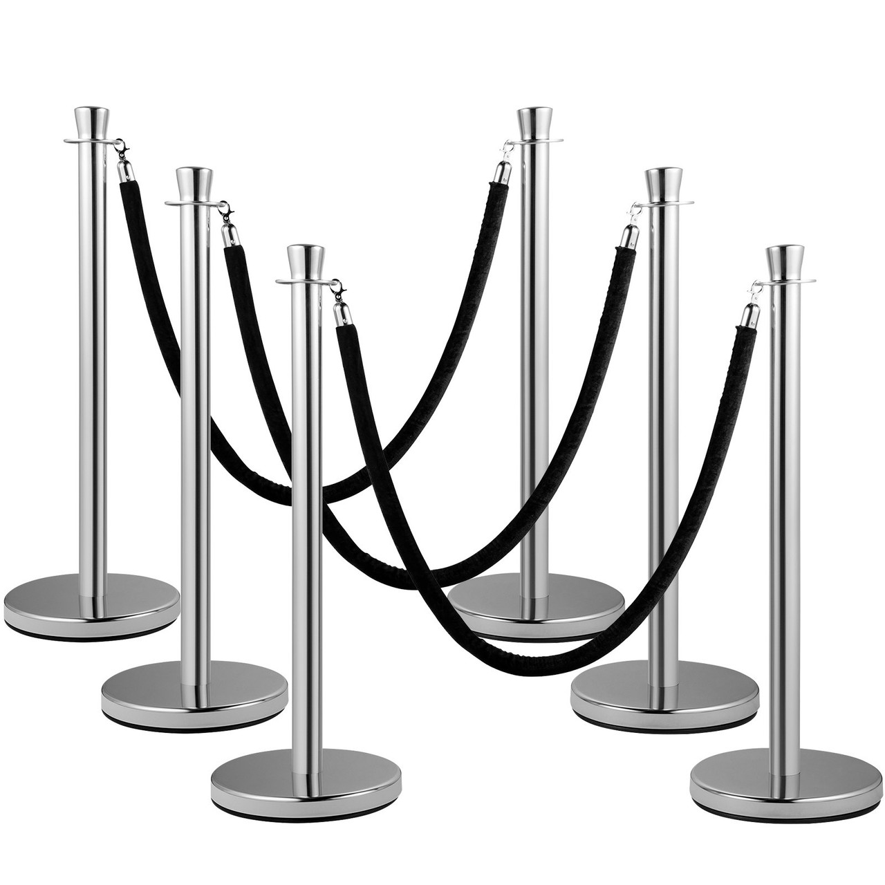 Crowd Control Stanchion, Set of 2 Pieces Stanchion Set, Stanchion Set with 5 ft/1.5 m Black Velvet Rope, Silver Crowd Control Barrier w/Sturdy Concrete and Metal Base - Easy Connect Assembly