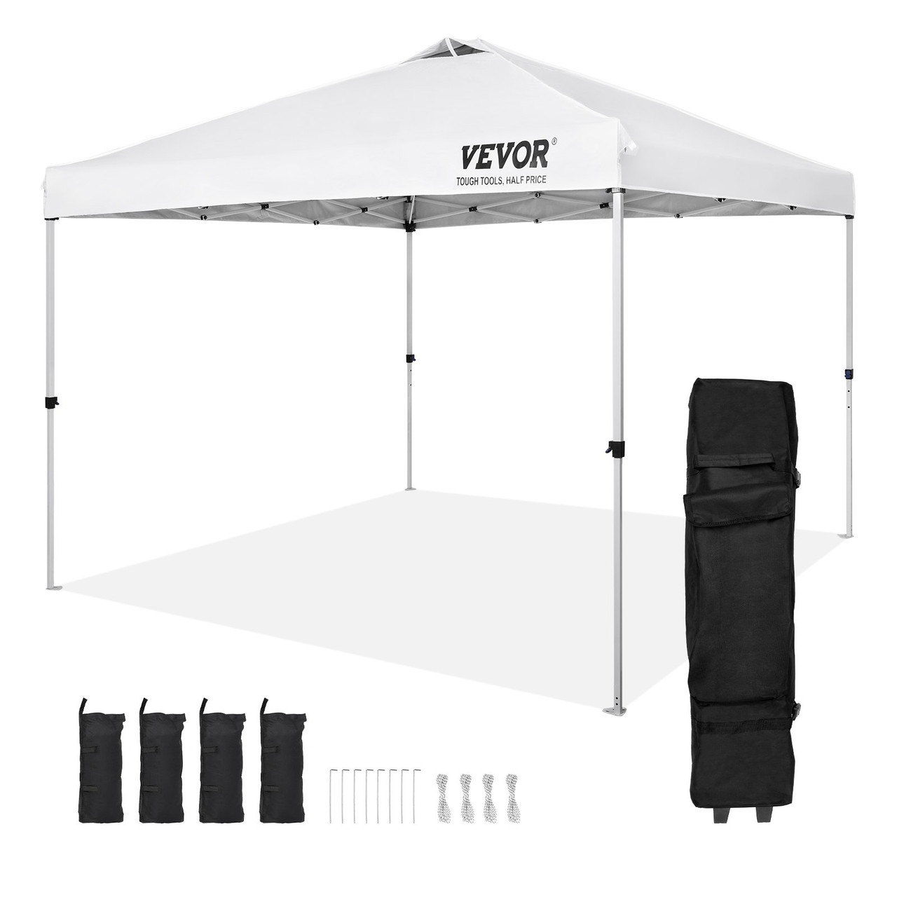 Pop Up Canopy Tent, 10 x 10 ft, 250 D PU Silver Coated Tarp, with Portable Roller Bag and 4 Sandbags, Waterproof and Sun Shelter Gazebo for Outdoor Party, Camping, Commercial Events, White