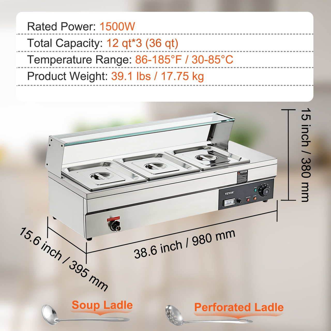3-Pan Commercial Food Warmer, 3 x 12QT Electric Steam Table with Tempered Glass Cover, 1500W Countertop Stainless Steel Buffet Bain Marie 86-185°F Temp Control for Catering, Restaurants, Silver