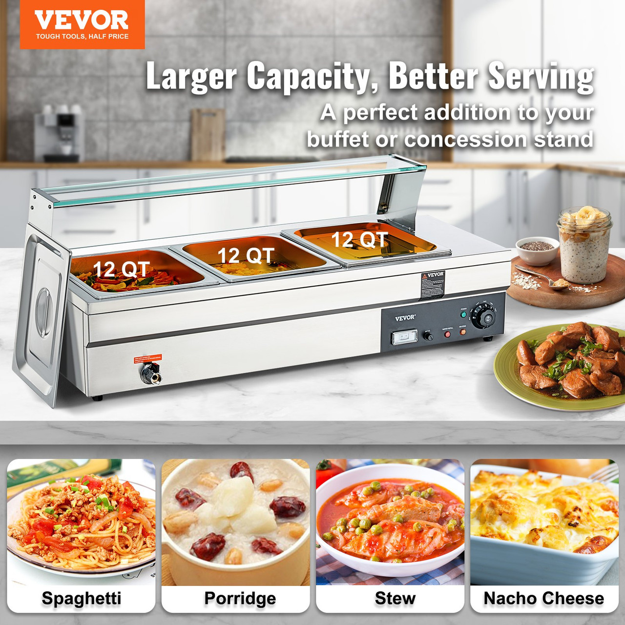 VEVOR 3-Pan Commercial Food Warmer, 3 x 8qt Electric Steam Table, 1500W Professional Countertop Stainless Steel Buffet Bain Marie with 86-185f Temp