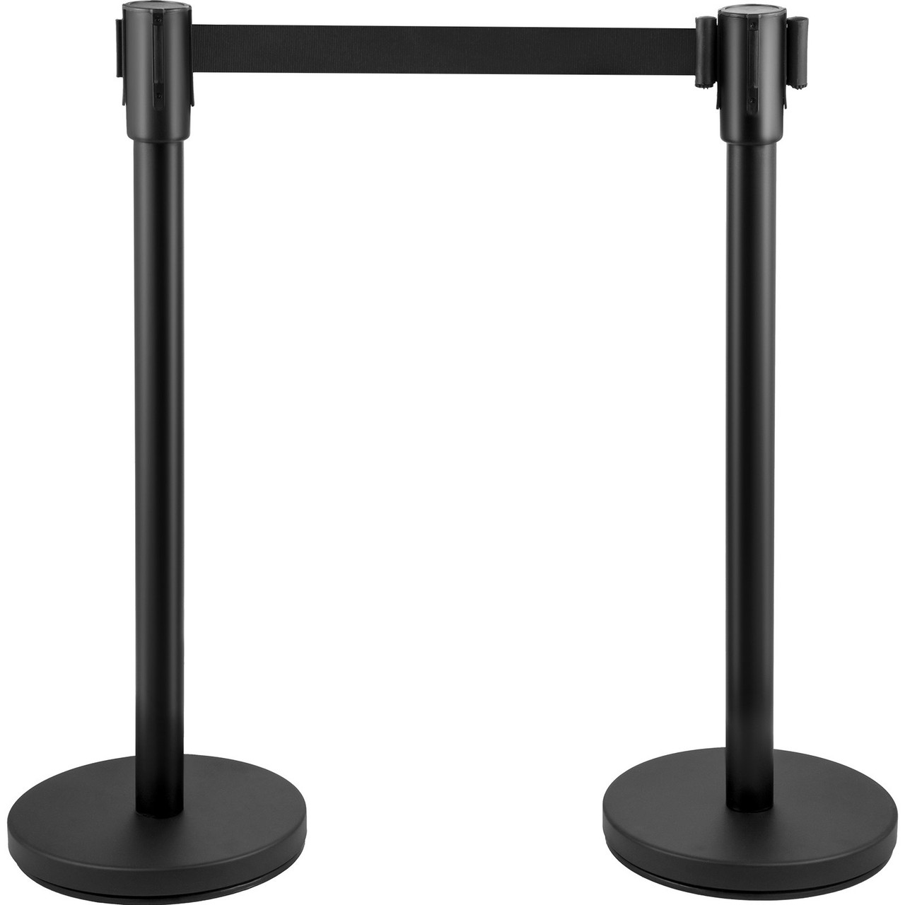 Crowd Control Stanchion, Set of 8 Pieces Stanchion Set, Stanchion Set with 6.6 ft/2 m Black Retractable Belt, Black Crowd Control Barrier w/ Concrete and Metal Base  Easy Connect Assembly