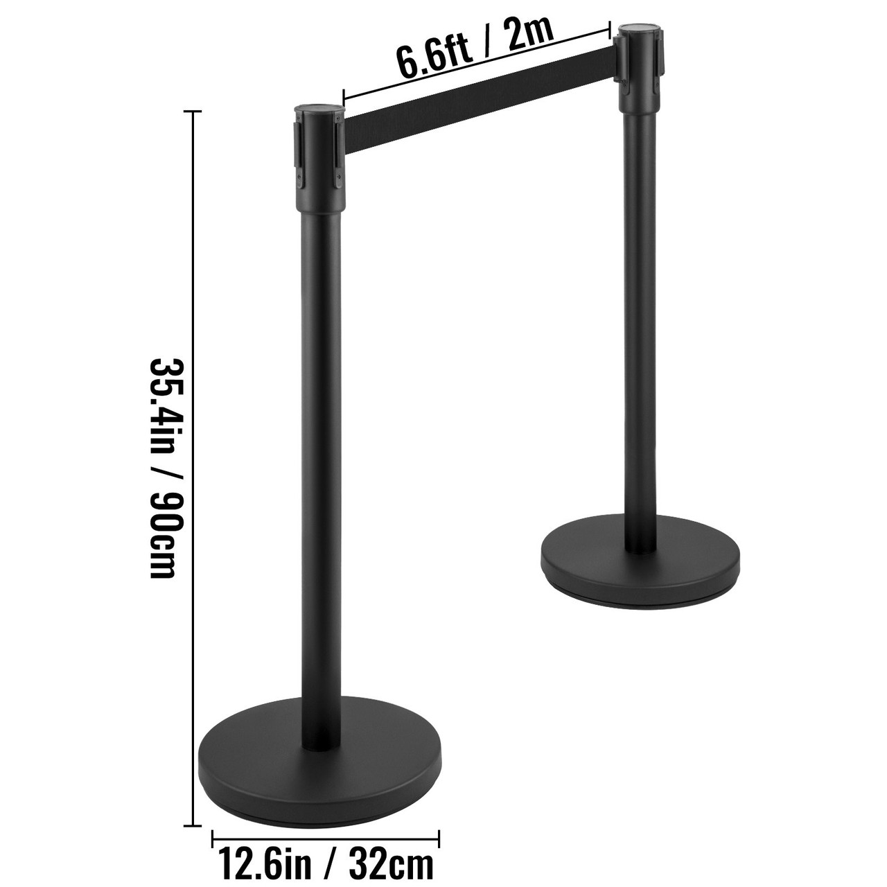 Crowd Control Stanchion, Set of 8 Pieces Stanchion Set, Stanchion Set with 6.6 ft/2 m Black Retractable Belt, Black Crowd Control Barrier w/ Concrete and Metal Base  Easy Connect Assembly