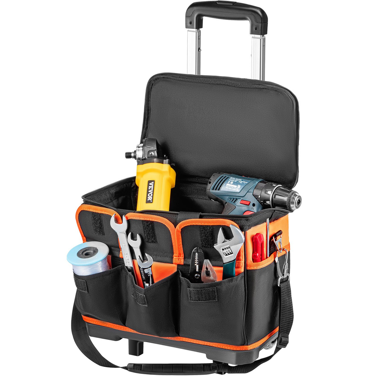 Rolling Tool Bag, 14in Tool Bag with Wheels, 17 Pockets Roller Tool Bag, 110lb Load Capacity Rolling Tool Bag w/Wheels, Roller Tool Box w/Two 2.56in Wheels, Rolling Tote w/Telescoping Handle