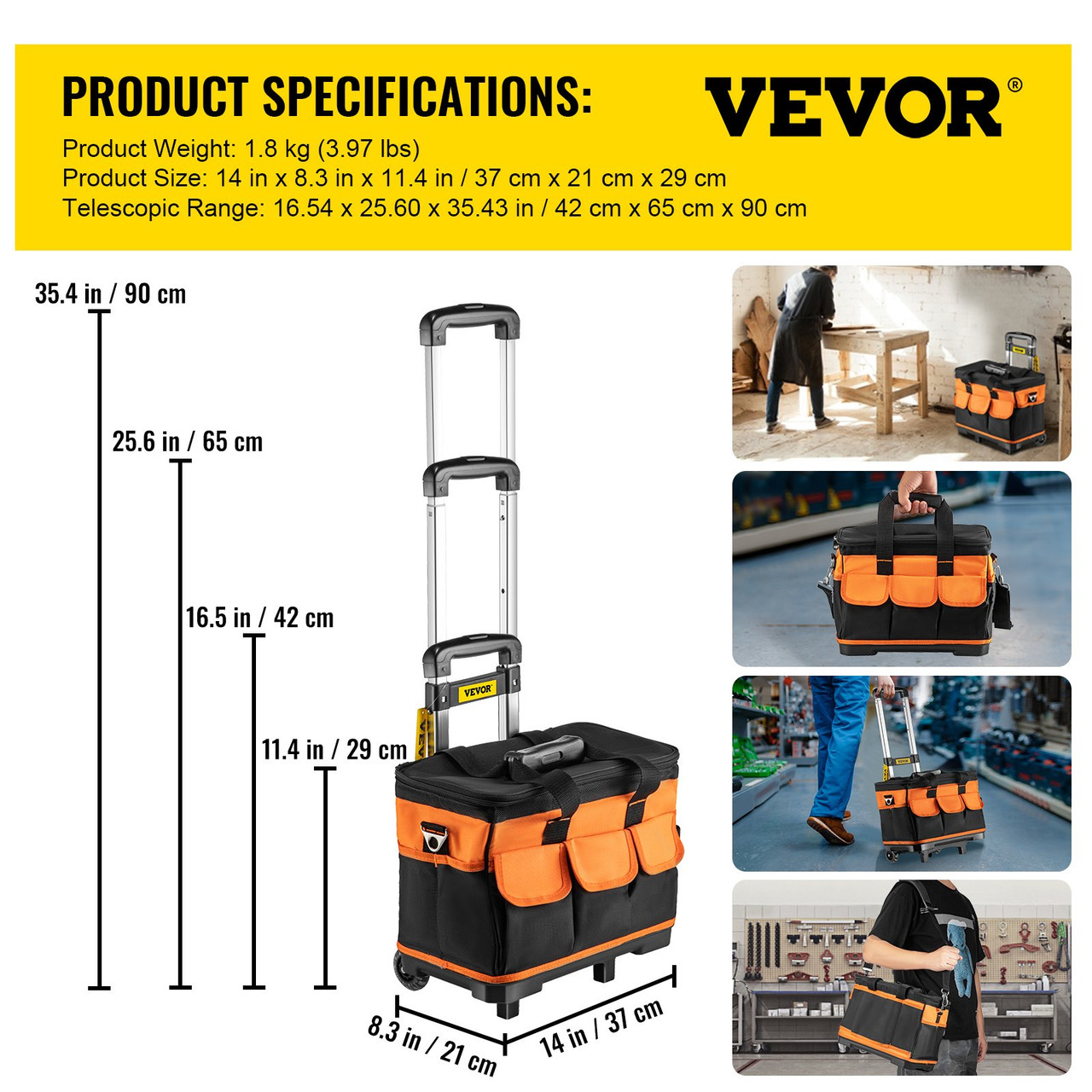 Rolling Tool Bag, 14in Tool Bag with Wheels, 17 Pockets Roller Tool Bag, 110lb Load Capacity Rolling Tool Bag w/Wheels, Roller Tool Box w/Two 2.56in Wheels, Rolling Tote w/Telescoping Handle