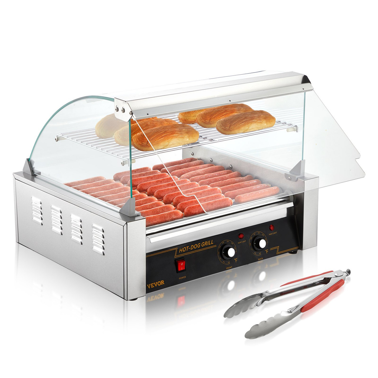 Hot Dog Roller, 11 Rollers 30 Hot Dogs Capacity, 1650W Stainless Sausage Grill Cooker Machine with Dual Temp Control Glass Hood Acrylic Cover Bun Warmer Shelf Removable Drip Tray, ETL Certified