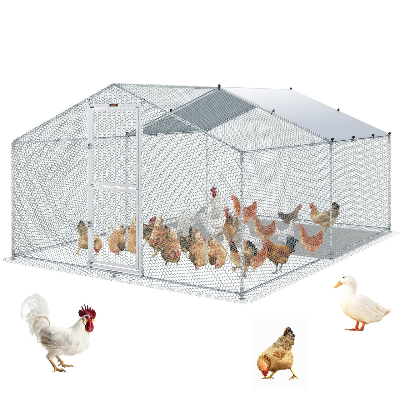 Metal Chicken Coop, 13.1 x 9.8 x 6.6 ft Large Chicken Run, Peaked Roof Outdoor Walk-in Poultry Pen Cage for Farm or Backyard, with Water-proof Cover and Protection Mesh, for Hen, Duck, Rabbit