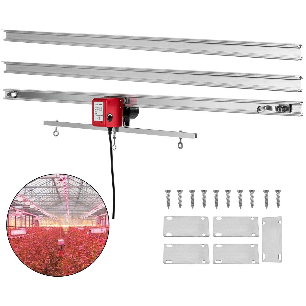 10.8 ft Adjustable Indoor Grow Light Mover Track Rail Mover Kit 10 r/min, Mover Motor w on/Off Button, Three Moving Rails, 0-120 Second Adjustable Time Delay Hydroponic Lighting System