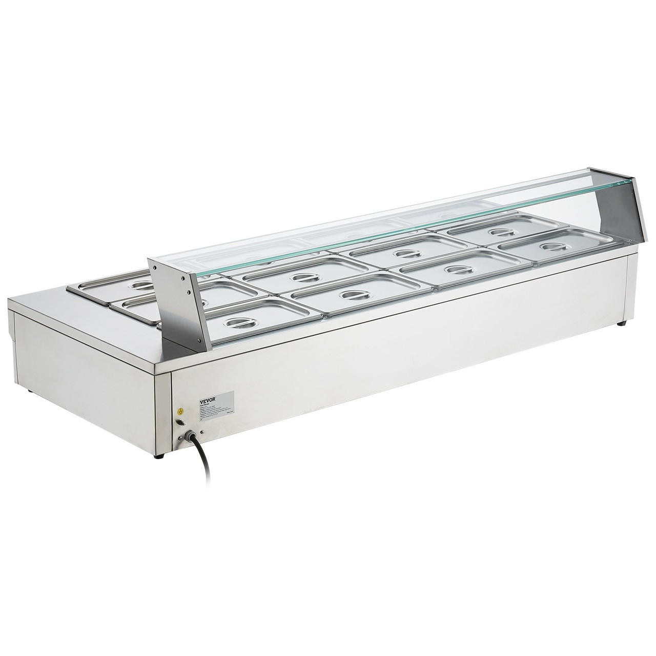 12-Pan Commercial Food Warmer, 12 x 8QT Electric Steam Table with Tempered Glass Cover, 1800W Countertop Stainless Steel Buffet Bain Marie 86-185°F Temp Control for Catering, Restaurant, Silver