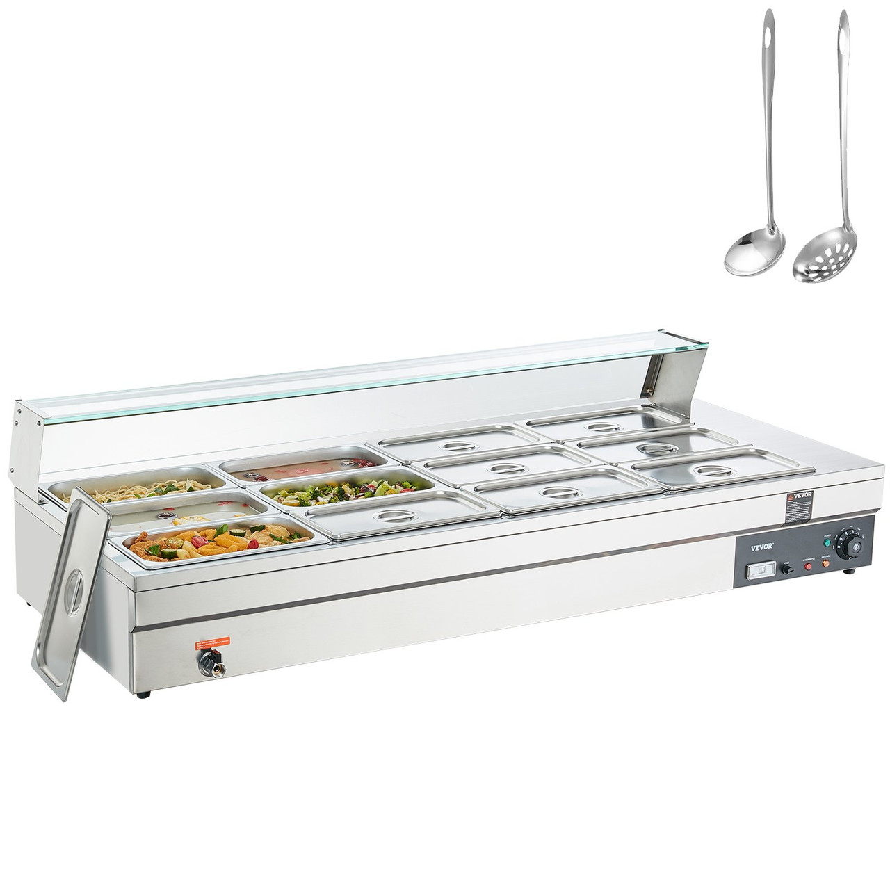 12-Pan Commercial Food Warmer, 12 x 8QT Electric Steam Table with Tempered Glass Cover, 1800W Countertop Stainless Steel Buffet Bain Marie 86-185°F Temp Control for Catering, Restaurant, Silver