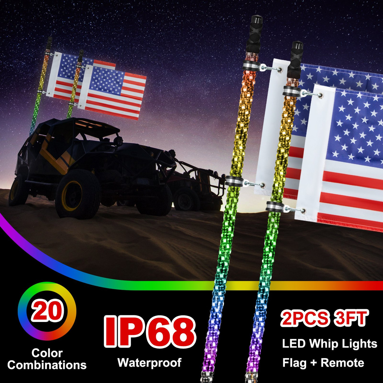 2PC 3FT 360°Spiral LED Whip Lights RGB Color Lighted Whips for UTV ATV 21 Modes,20 Colors,5 Levels,Weatherproof,Off-Road Whip RF Wireless Remote for UTV ATV Polaris Accessories RZR