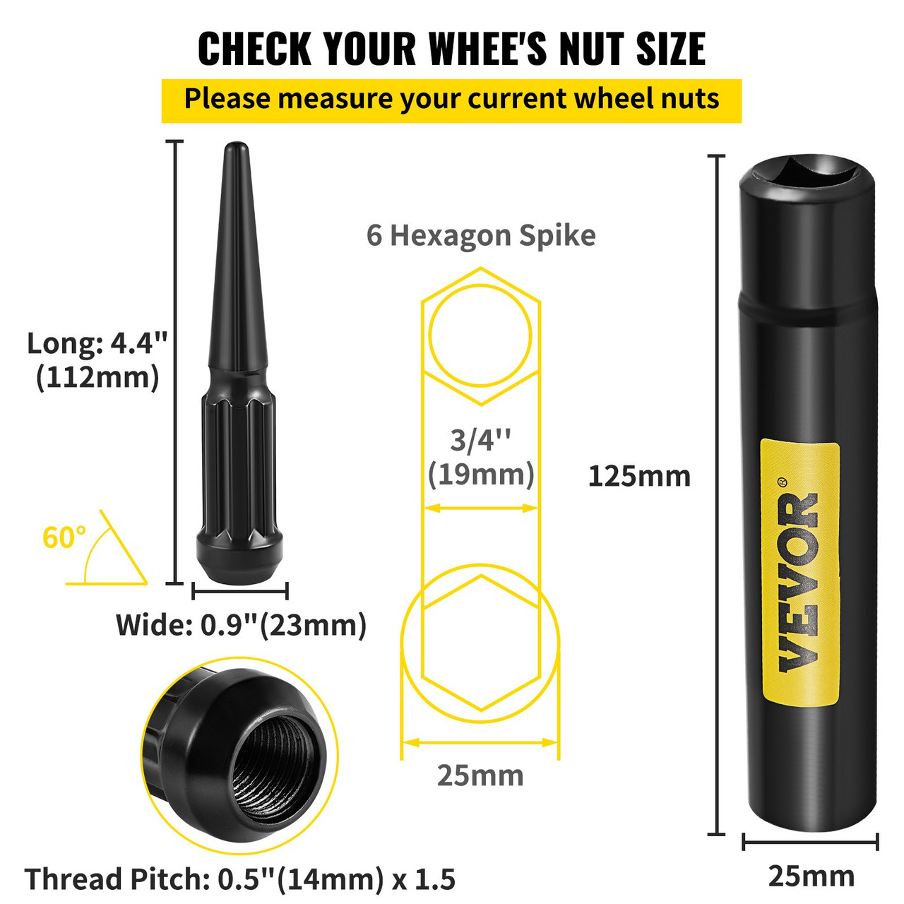 M14x1.5 Spike Lug Nuts, 32 PCS Chrome Spiked Lug Nuts 14mmx1.5, 4.4" Tall Closed End Acorn Wheel Lug Nut w/ 1 Socket Key, Compatible with Chevy Silverado 1500 2500 3500, Ford GMC Sierra, Black