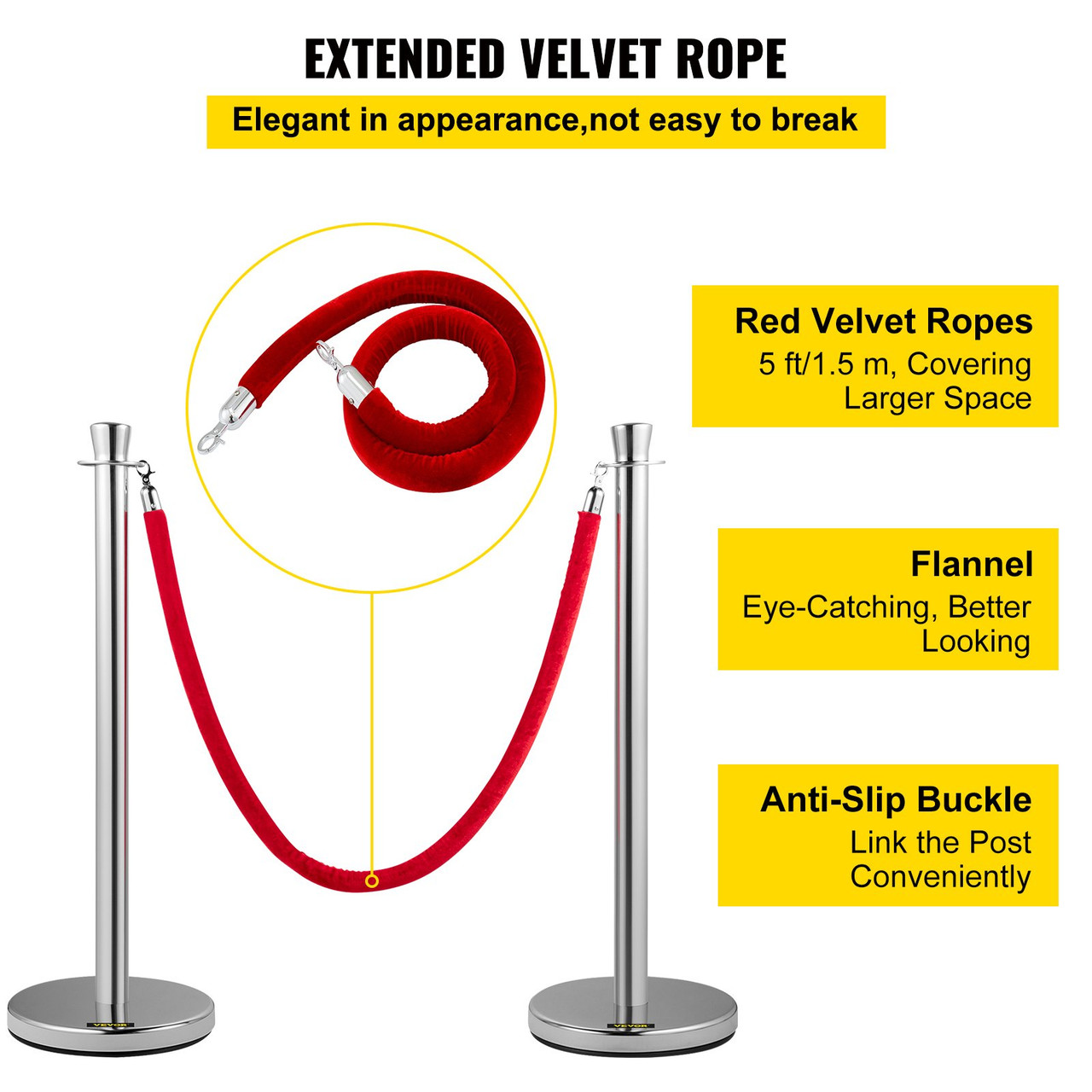 Crowd Control Stanchion, Set of 2 Pieces Stanchion Set, Stanchion Set with 5 ft/1.5 m Red Velvet Rope, Silver Crowd Control Barrier w/Sturdy Concrete and Metal Base - Easy Connect Assembly (100-91060)