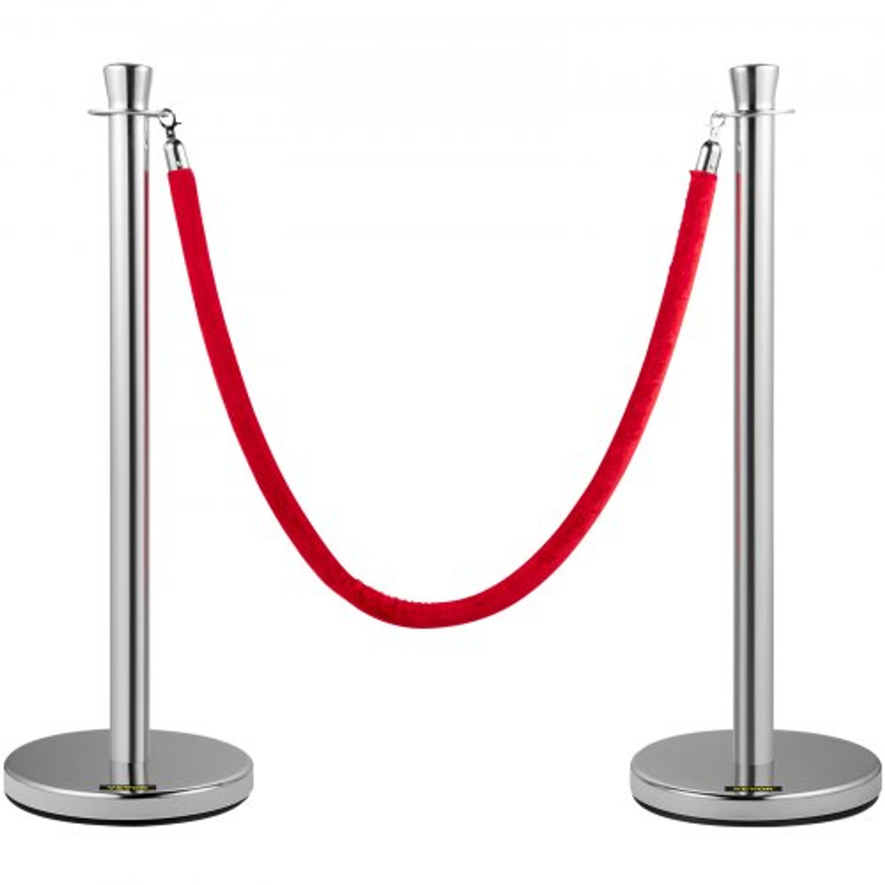 Crowd Control Stanchion, Set of 2 Pieces Stanchion Set, Stanchion Set with 5 ft/1.5 m Red Velvet Rope, Silver Crowd Control Barrier w/Sturdy Concrete and Metal Base - Easy Connect Assembly (100-91060)