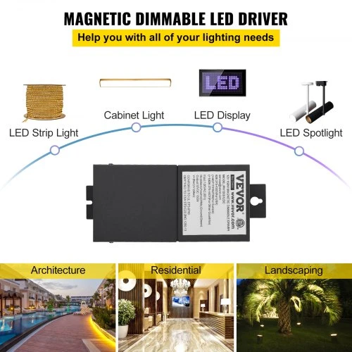 VEVOR Dimmable LED Driver, 12V 150W Magnetic Power Supply, 120V AC - 12V DC LED Transformer,Low Voltage Power Supply for LED Strip Lights,Compatible with MLV, ELV, CL Dimmers,ETL Listed