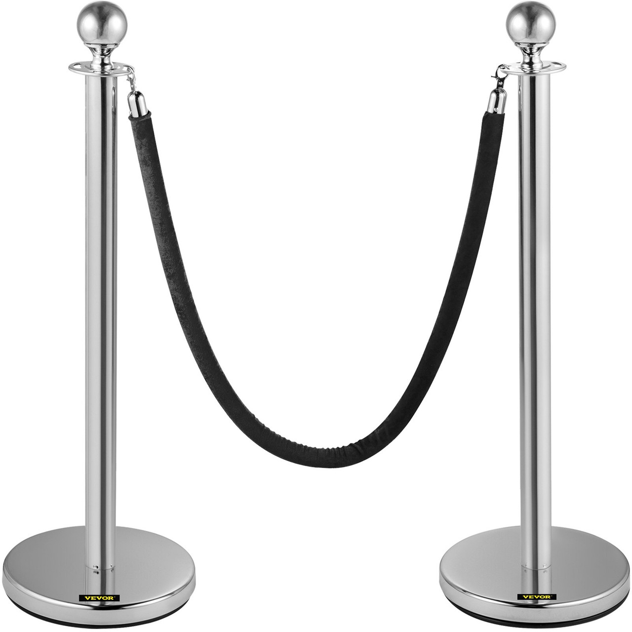VEVOR Crowd Control Stanchion, Set of 2 Pieces Stanchion, Stanchion Set with 5 ft/1.5 m Black Velvet Rope, Silver Crowd Control Barrier w/Sturdy Concrete and Metal Base – Easy Connect Assembly