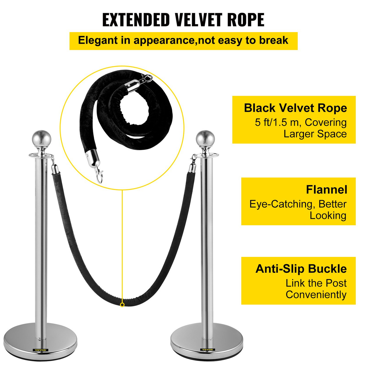 VEVOR Crowd Control Stanchion, Set of 2 Pieces Stanchion, Stanchion Set with 5 ft/1.5 m Black Velvet Rope, Silver Crowd Control Barrier w/Sturdy Concrete and Metal Base - Easy Connect Assembly
