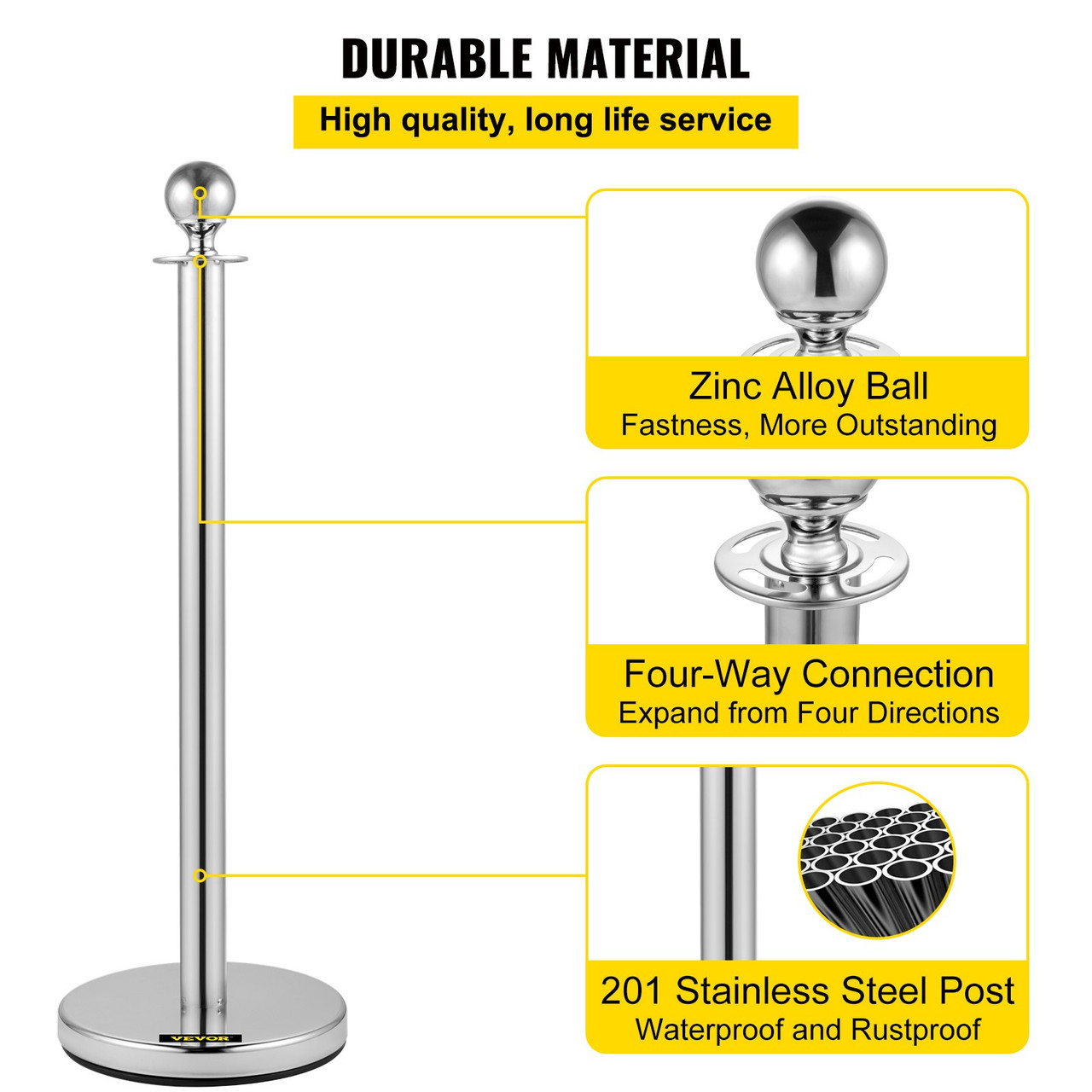 VEVOR Crowd Control Stanchion, Set of 2 Pieces Stanchion, Stanchion Set with 5 ft/1.5 m Black Velvet Rope, Silver Crowd Control Barrier w/Sturdy Concrete and Metal Base - Easy Connect Assembly