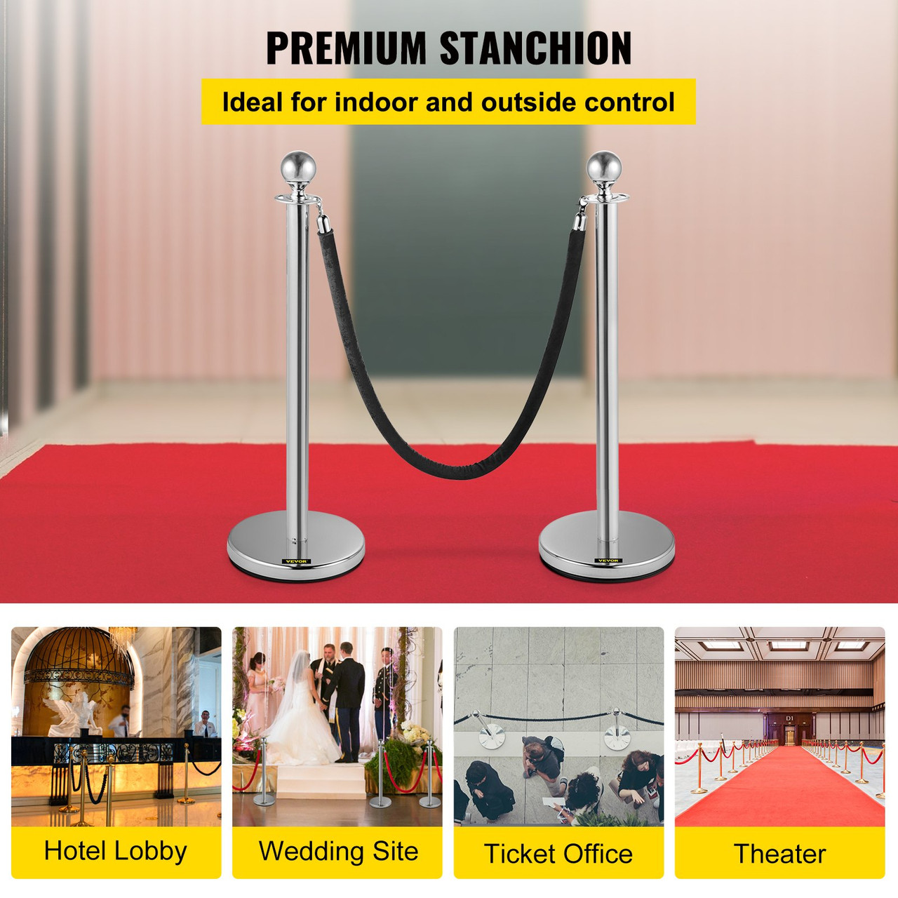 VEVOR Crowd Control Stanchion, Set of 2 Pieces Stanchion, Stanchion Set with 5 ft/1.5 m Black Velvet Rope, Silver Crowd Control Barrier w/Sturdy Concrete and Metal Base – Easy Connect Assembly
