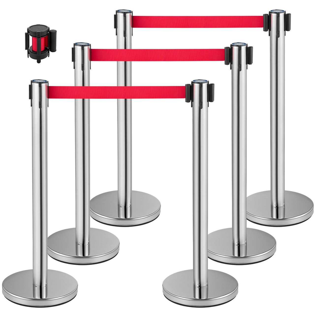 VEVOR Crowd Control Stanchion, Set of 6 Pieces Stanchion Set, Stanchion Set w/ 6.6 ft/2 m Red Retractable Belt, Crowd Control Barrier w/Rubber Base â€“ Easy Connect Assembly for Crowd Control (Silver)