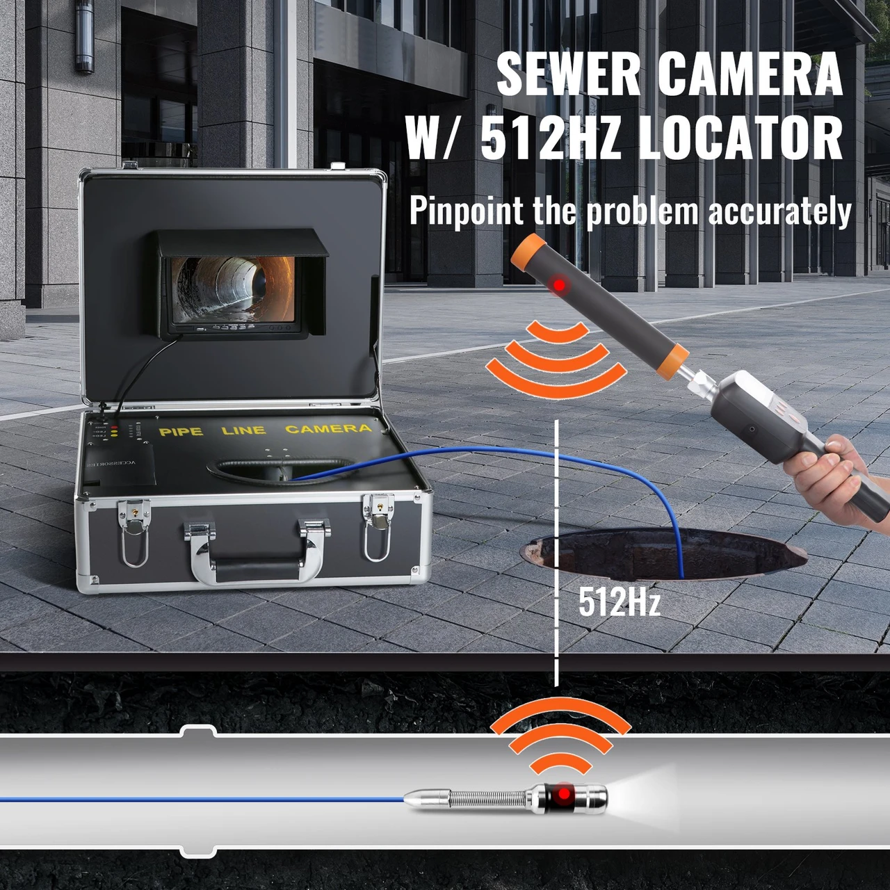 Sewer Camera with 512Hz Locator,100 ft/30 m, 7" Pipeline Inspection Camera with DVR Function, IP68 Camera with 12 Adjustable LEDs, A 16 GB SD Card for Sewer Line, Home, Duct Drain Pipe Plumbing